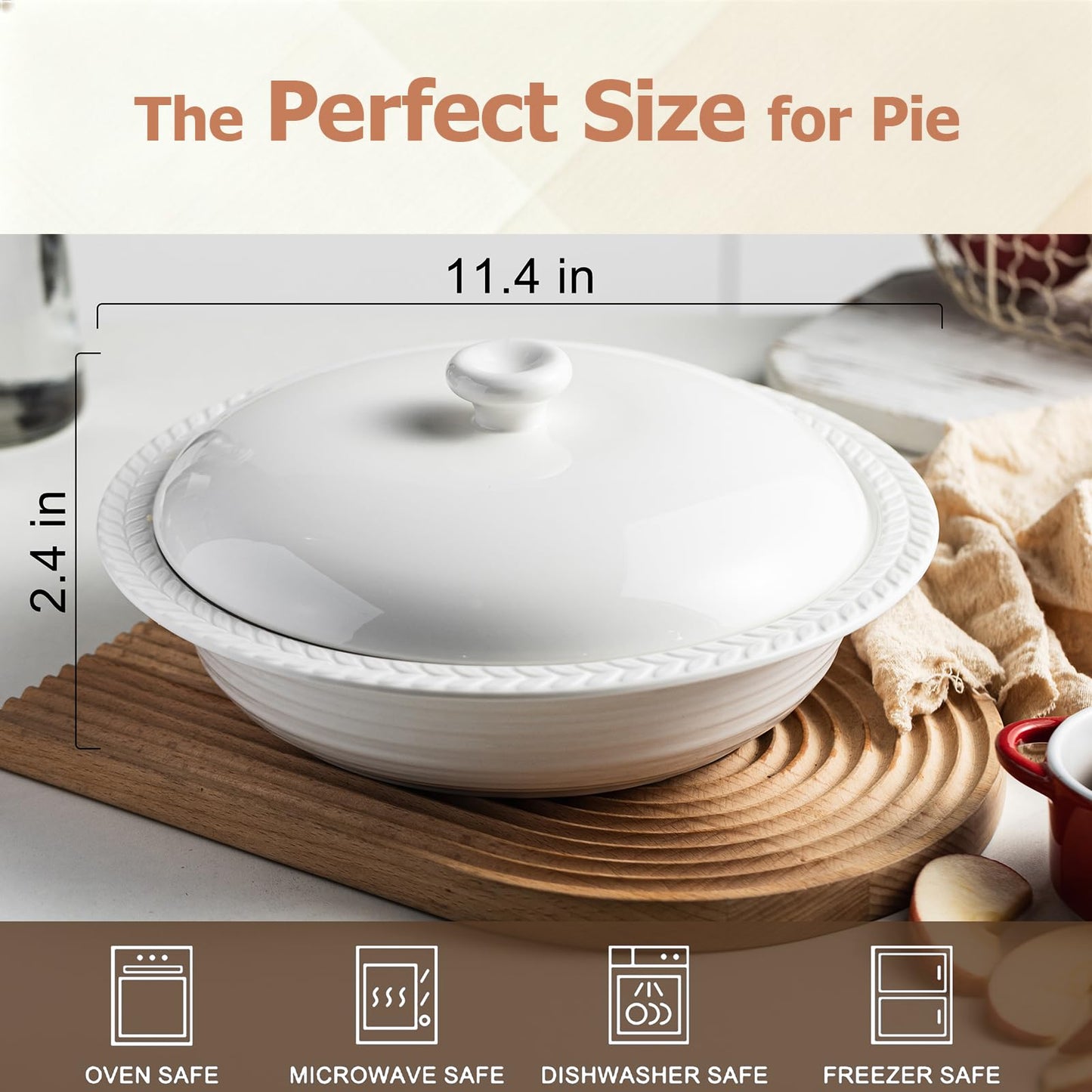 Cormomu Deep Dish Pie Pan with Lid, 11 inch Ceramic Pie Dish, Round Baking Dish for Apple, Quiche, Pot Pies, Tart, etc, Microwave, Dishwasher, and Oven Safe
