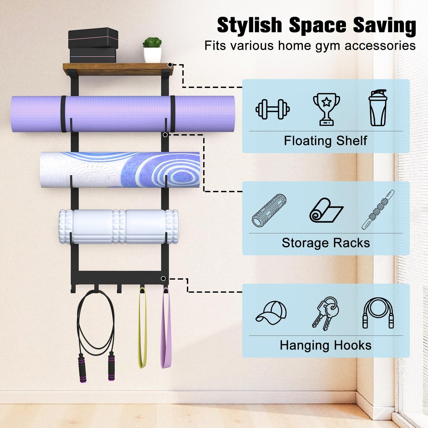 BSTSLL Yoga Mat Holder Wall Mount, Yoga Mats Storage Rack, Home Gym Wall Organizer Holder with Wood Floating Shelf and 5 Hooks, Storage Rack for Hanging Foam Roller/Band/Workout Equipment