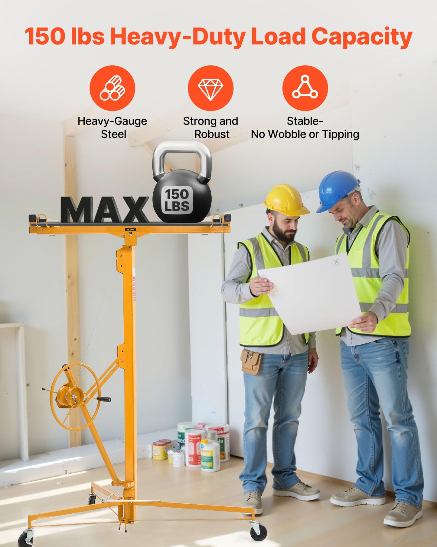 VEVOR 16ft Drywall Lift, Heavy-Duty 150 lbs Sheetrock Hoist with Adjustable Telescoping Arm, Lockable Wheels, Drywall Lifter Panel Jack Hoist Tools Ideal for Ceiling & Wall Installation (Yellow)