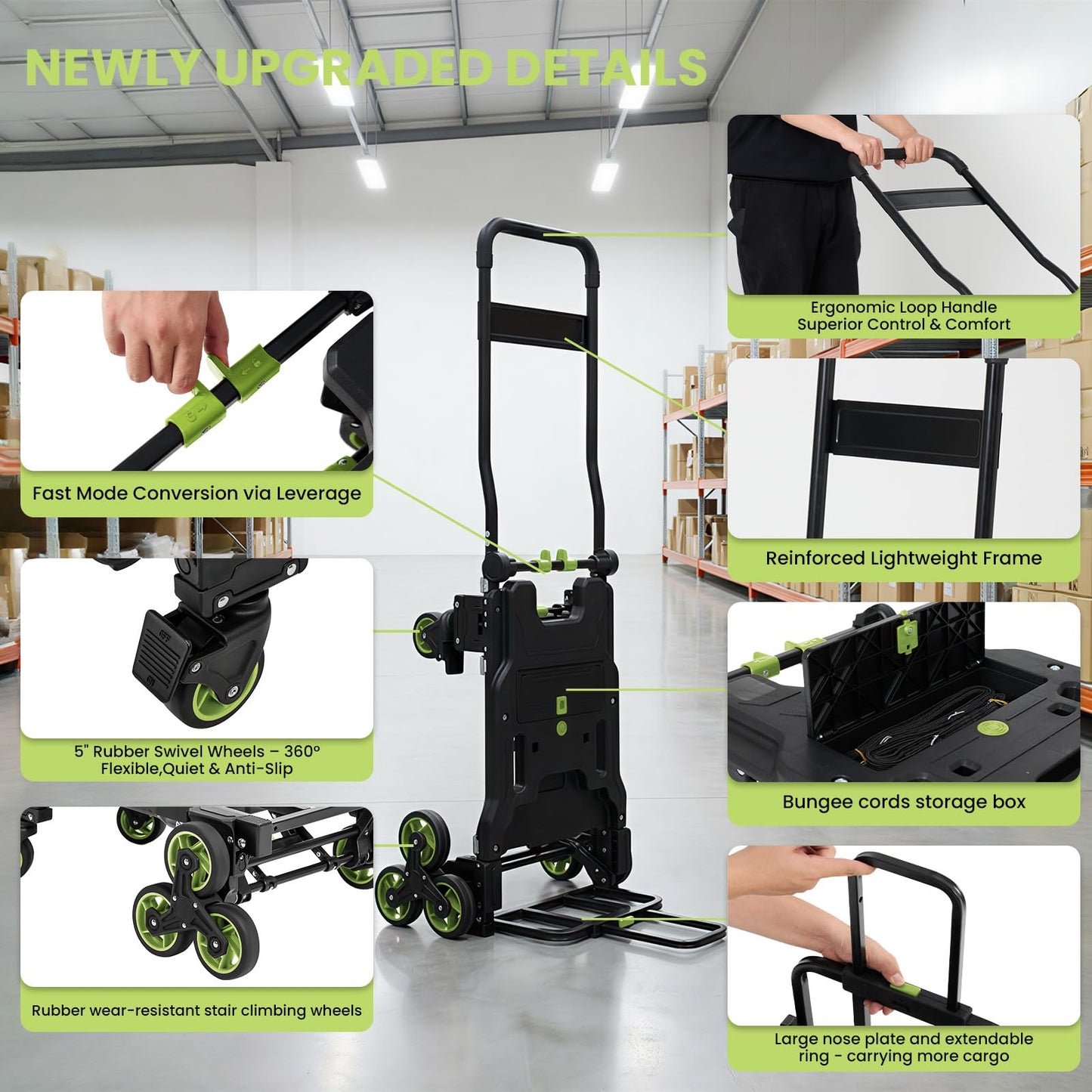 Upgraded 3 in 1 Convertible Folding Hand Truck with Brakes, Hand Truck Dolly Heavy Duty 660lbs Capacity, Stair Climbing Cart with Adjustable Shovel Board and Fixed Handle for Moving