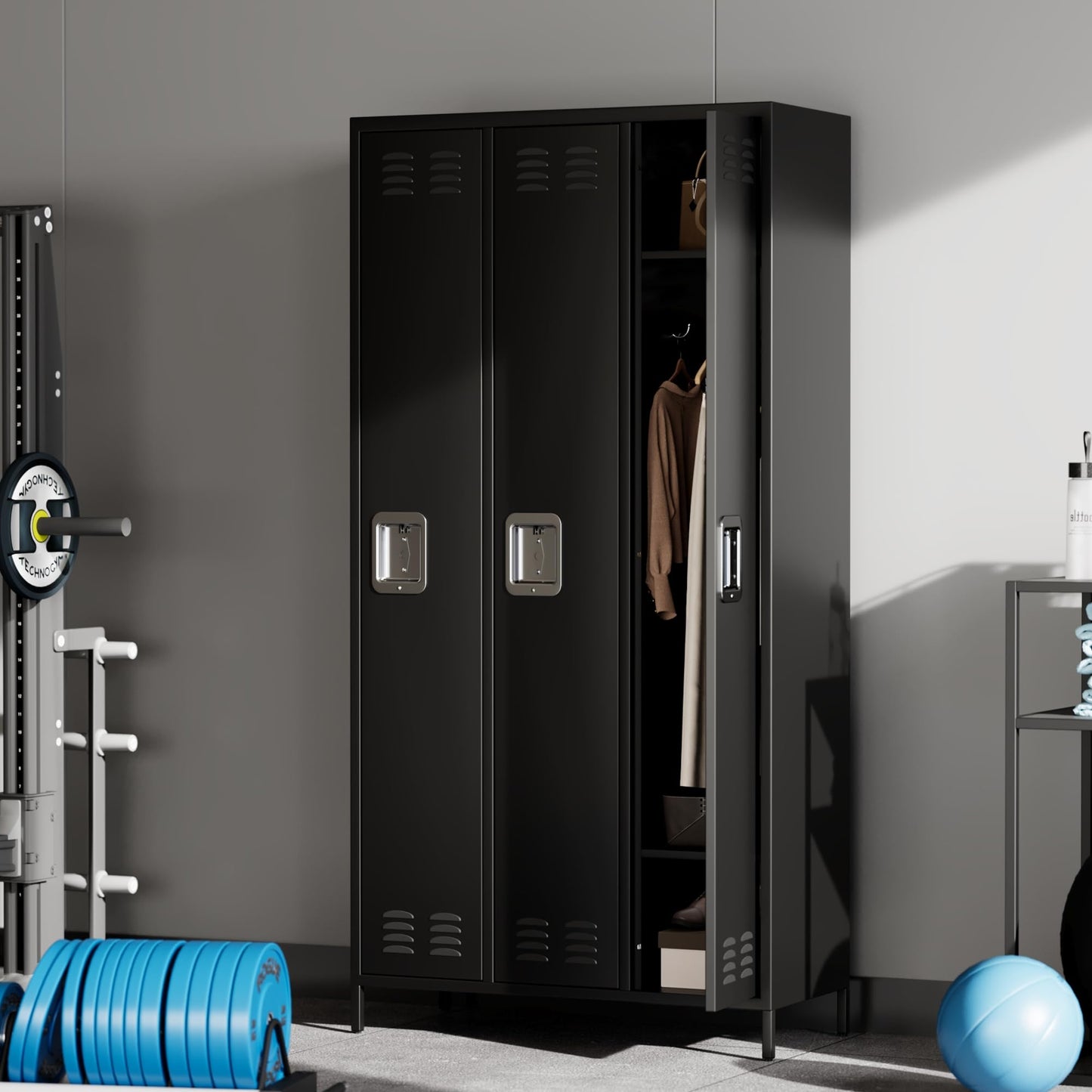 GAOMON Metal Lockers - 3 Doors Lockable Storage Locker, Sturdy Steel Cabinet with Shelves, Space-Saving Design for Home, Gym & Fire Department, Black