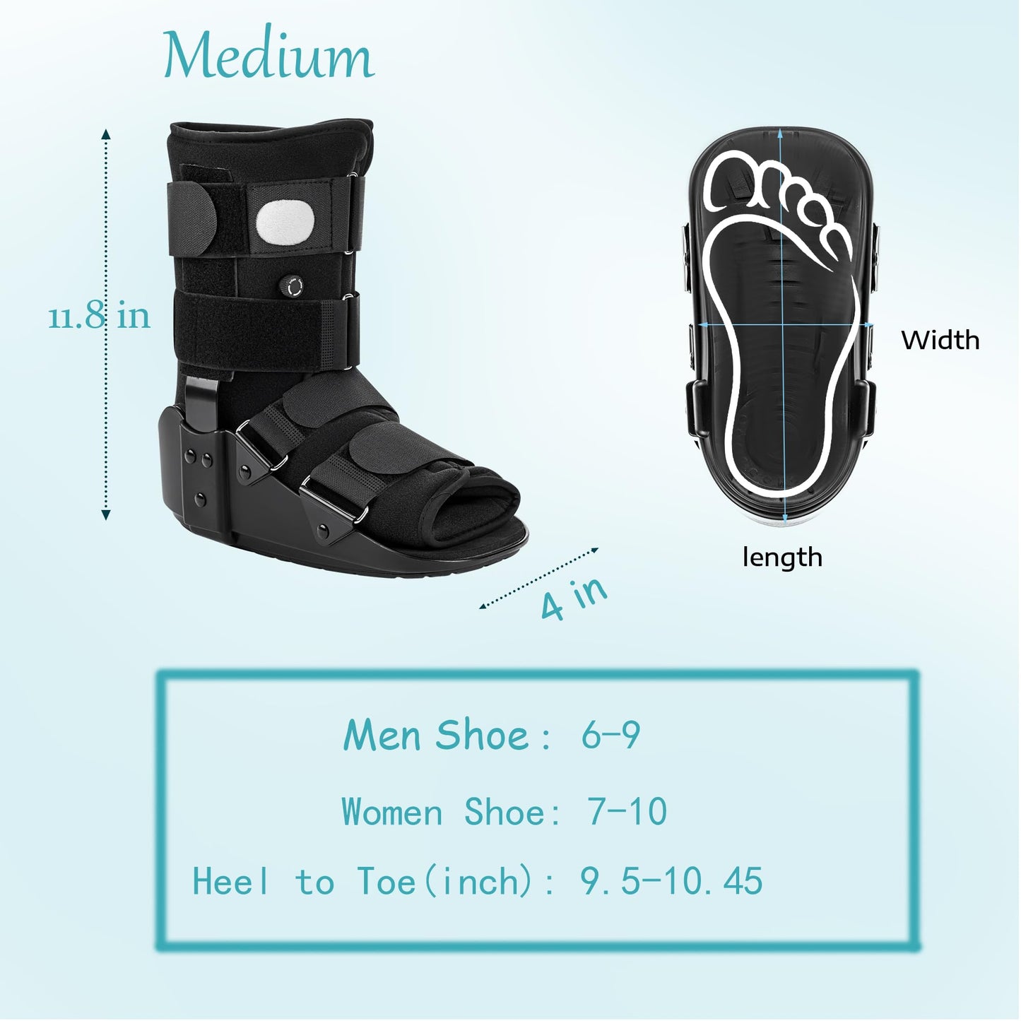 Medibot Advanced Walking Boot for Ankle Injuries & Fractures Adjustable Air Splint with Pump, Medium Black, Fits Shoe Size 6-10'', Men and Women