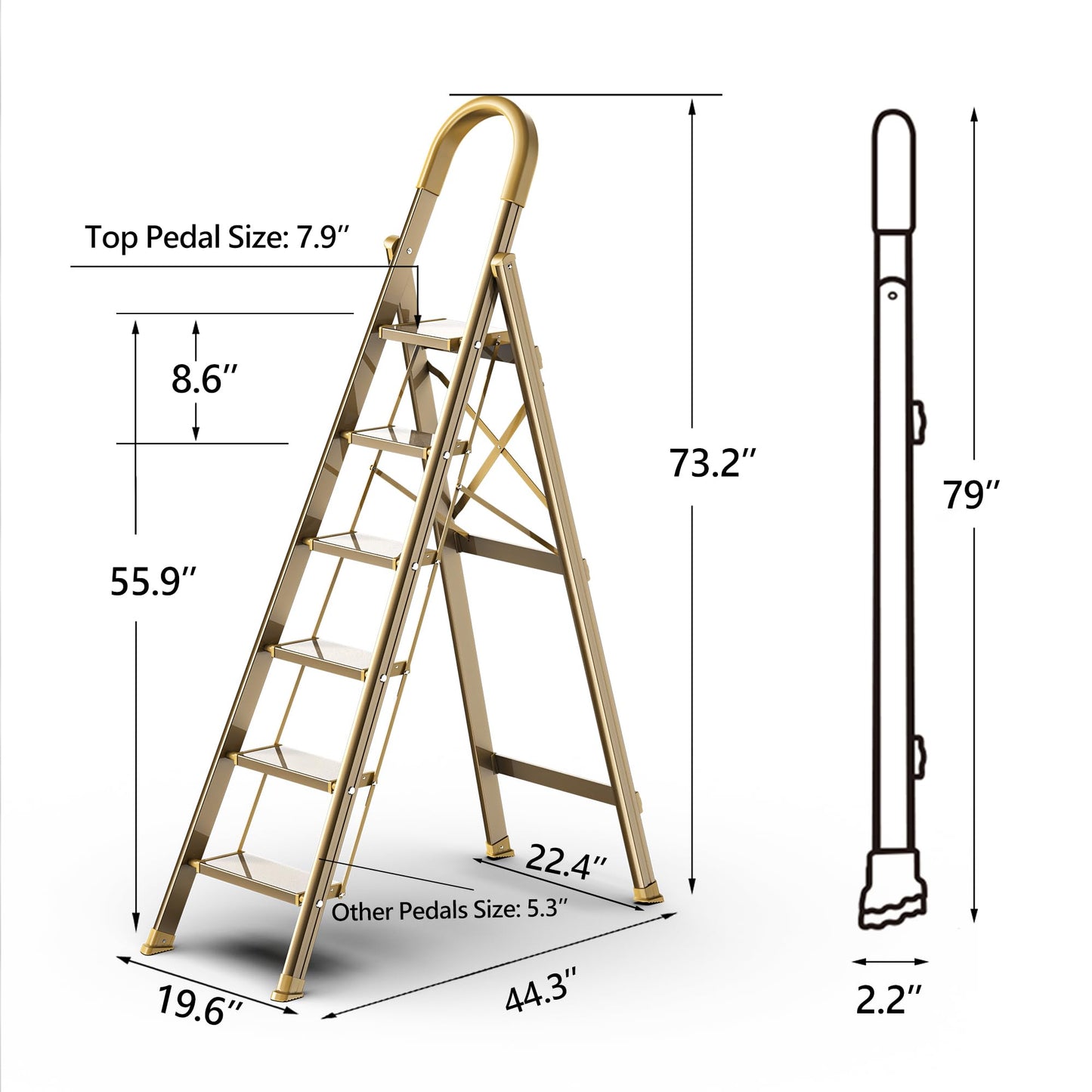 GameGem Lightweight Aluminum 6 Step Ladder for 12 Feet High Ceiling, Folding Step Stool Stepladders with Anti-Slip and Wide Pedal for Home and Kitchen Use Space Saving (Gold)