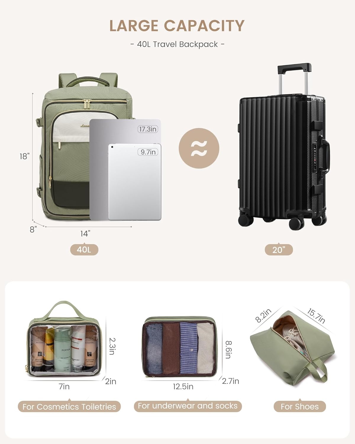 Backpack 40L Backpack 3 Packing 17" LOVEVOOK Large Travel for Women, TSA Approved with Cubes, Personal Item Bag Fits