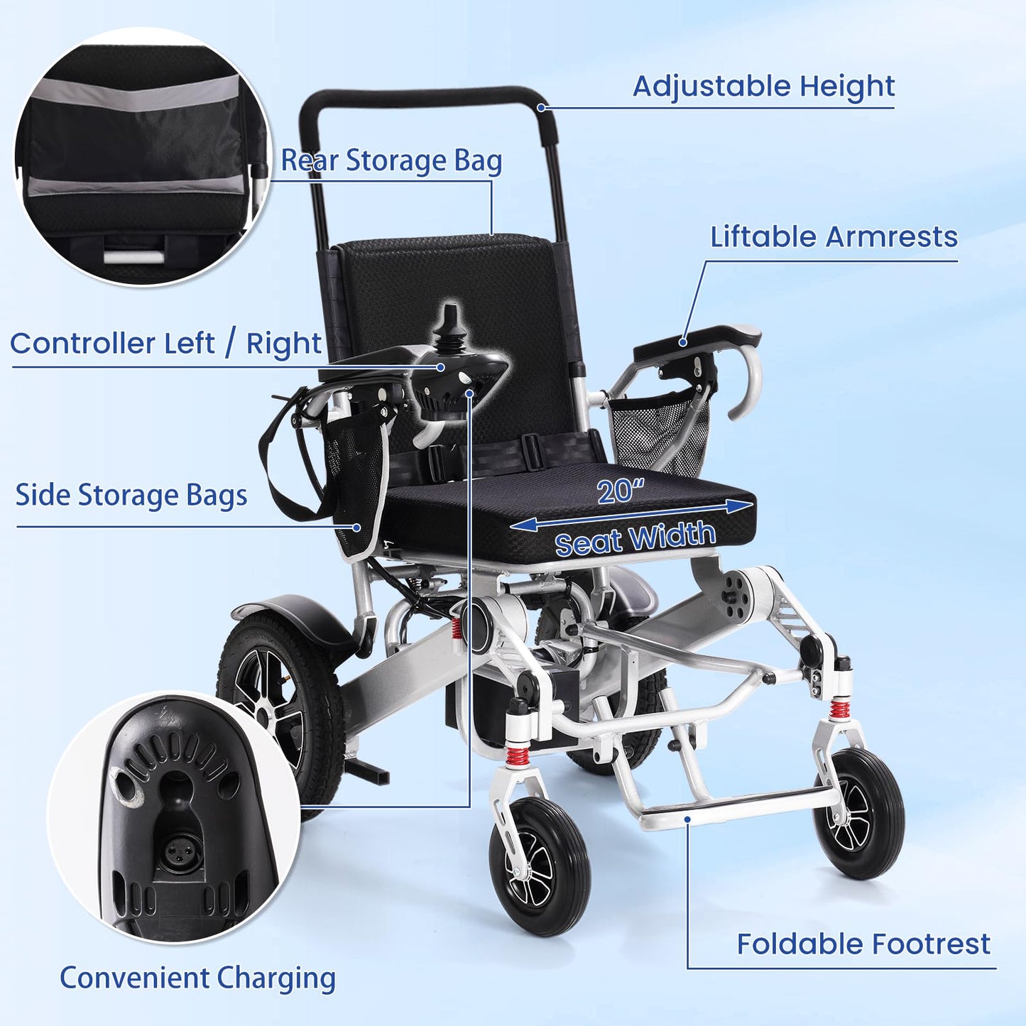 30+ Miles Range Electric Wheelchair for Adults Foldable, 20” Seat Width All Terrain Motorized Power Wheelchair Portable, 4mph 300 lbs Capacity 500W Power Airline Approved (2-Batteries Version)