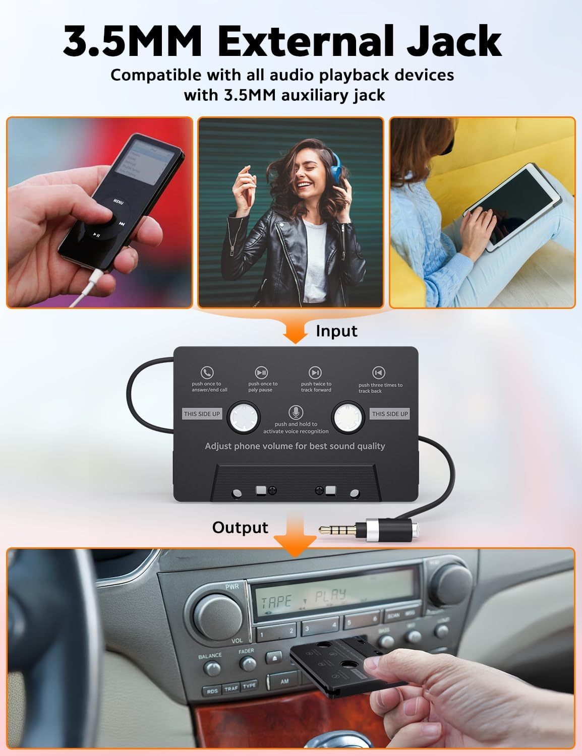 Mersoco Cassette MP3 Car AUX Adapter with Hands-Free Calling Great for Old Car Stereo Compatible with Smartphones