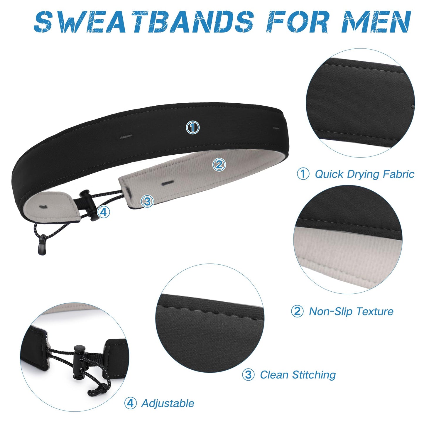 Sukeen 1" Sweat Bands Headbands for Men, Moisture Wicking Sports Mens Headband, Adjustable Non-Slip Sweatbands for Men, Breathable Sweat Band for Running, Cycling, Football, Fitness, Black