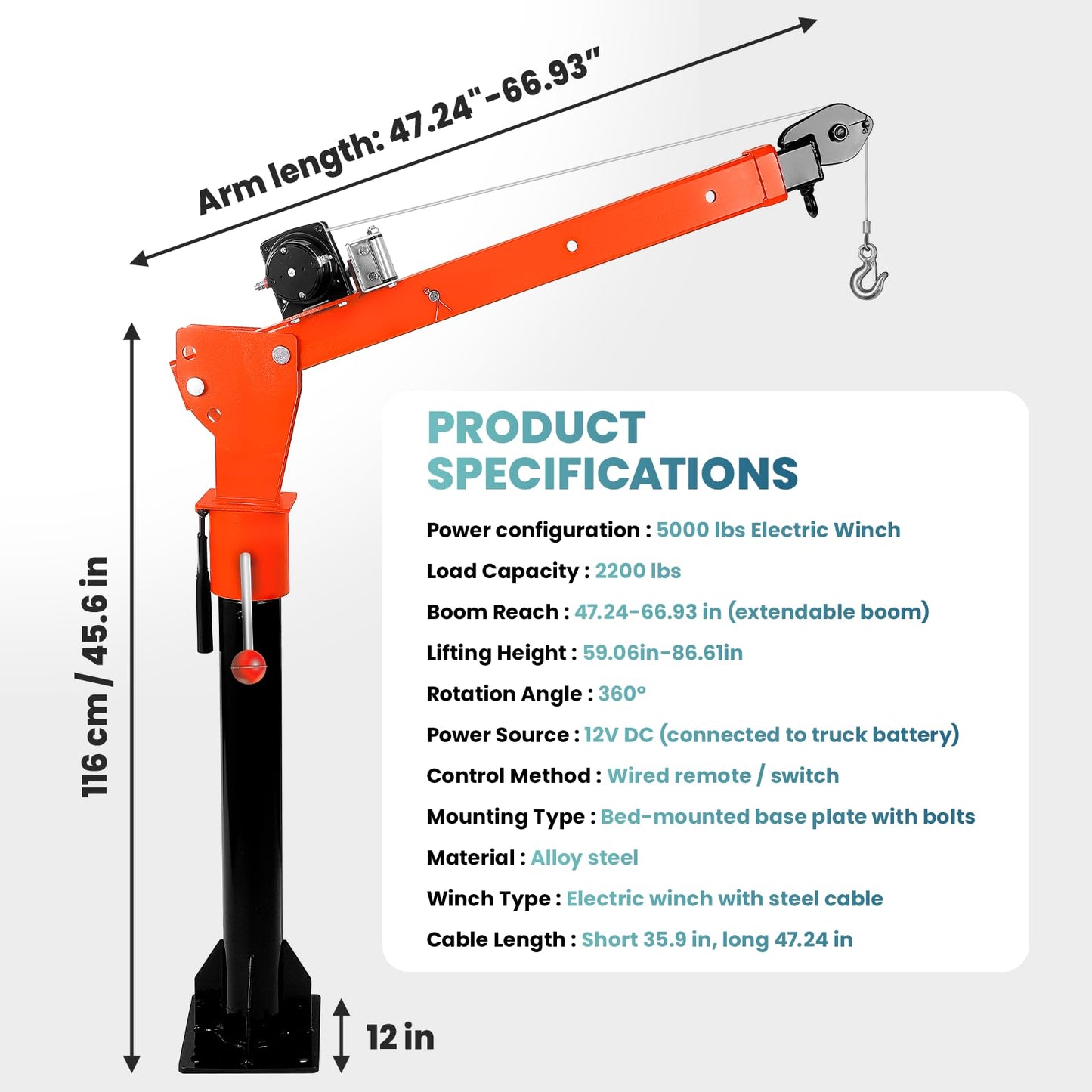 2200LBS Jib Crane, Truck Crane with 5000LBS 12V Electric Winch, 360°Rotation, 3-Position Arm Reach Adjustmen(47.24"-66.93"), Foldable Design Truck Mounted Crane, for Warehouses/Residential (5000LBS)