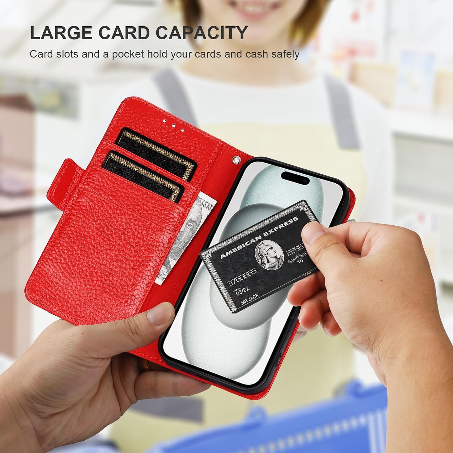Bocasal 15 5G, 6.1 Inch Wallet Case for iPhone Genuine Leather Support Wireless Charging RFID Blocking Flip Case Card