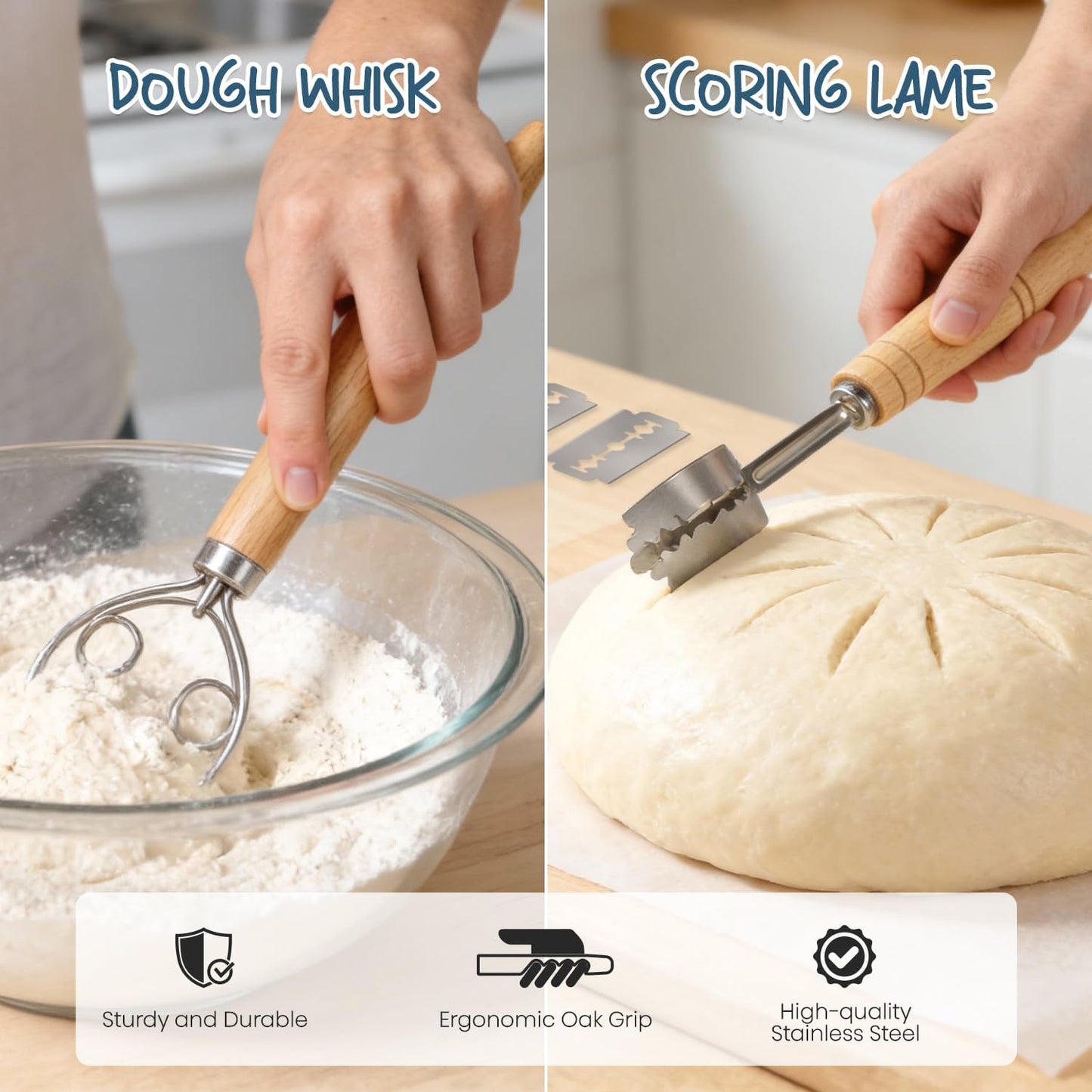 RORECAY Proofing Basket Set - 9" Round & 10" Oval Cane Baskets with Dough Whisk & Scrapers for Sourdough Baking