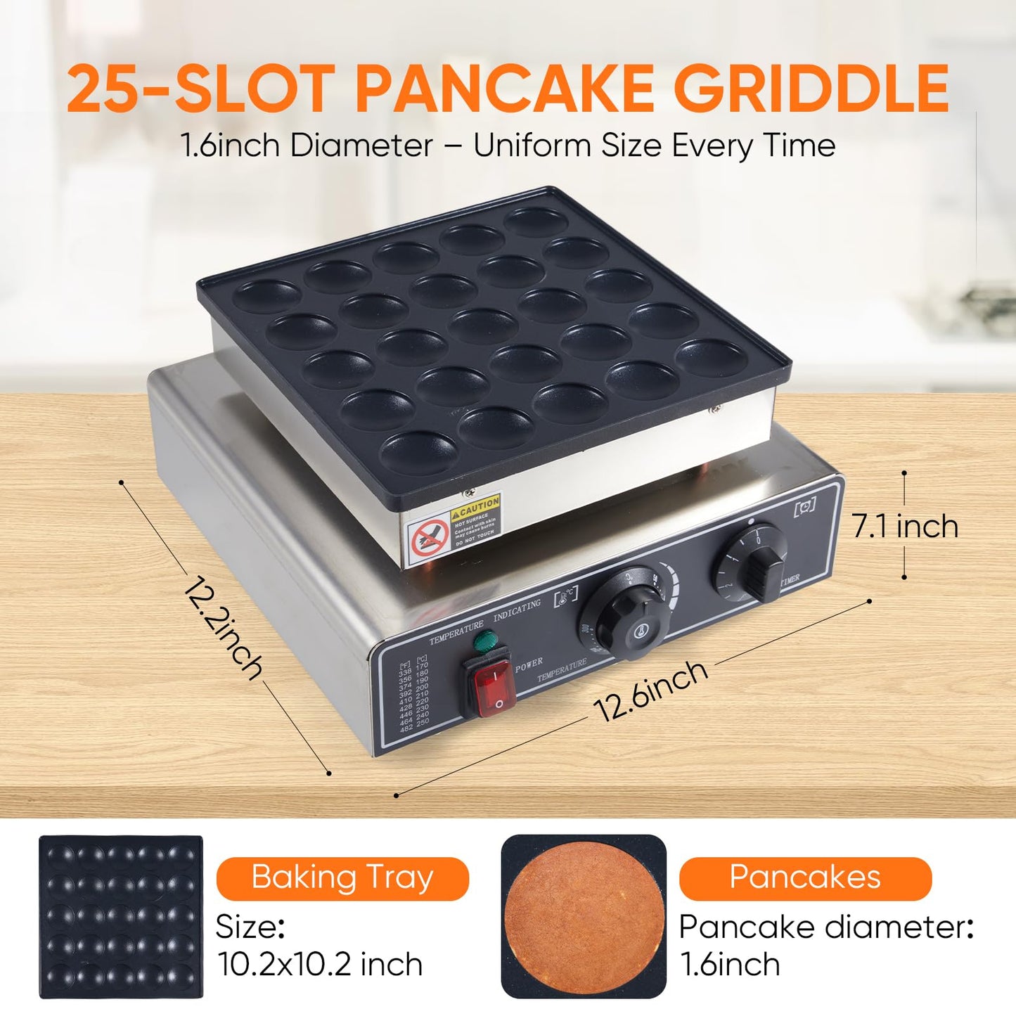 25PCS Commercial Mini Pancake Maker Machine – Stainless Steel 1.6inch Dutch Pancake Maker with Non-Stick Griddle, Adjustable Temperature & Timer – Electric 900W Maquina Para Mini Pancakes