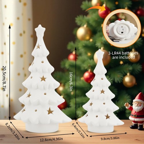 Luxstyra 2 Pcs Light Up White Ceramic Christmas Trees, Table Top Christmas Tree with Lights, Porcelain Tree Figurine with Timer, Small Ceramic Christmas Trees Set, White Christmas Decor for Tabletop