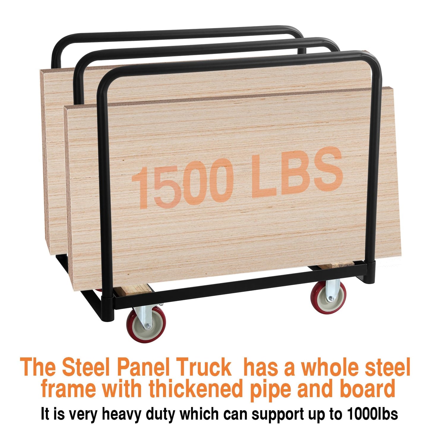 2IN1 Steel Panel Truck Cart, Lumber Cart Drywall Dollies Cart，1500LBS Heavy Duty Flatbed Cart Dollies with 5" Swivel Brake Wheels, Plate Platform Truck with 3 Side Handrails
