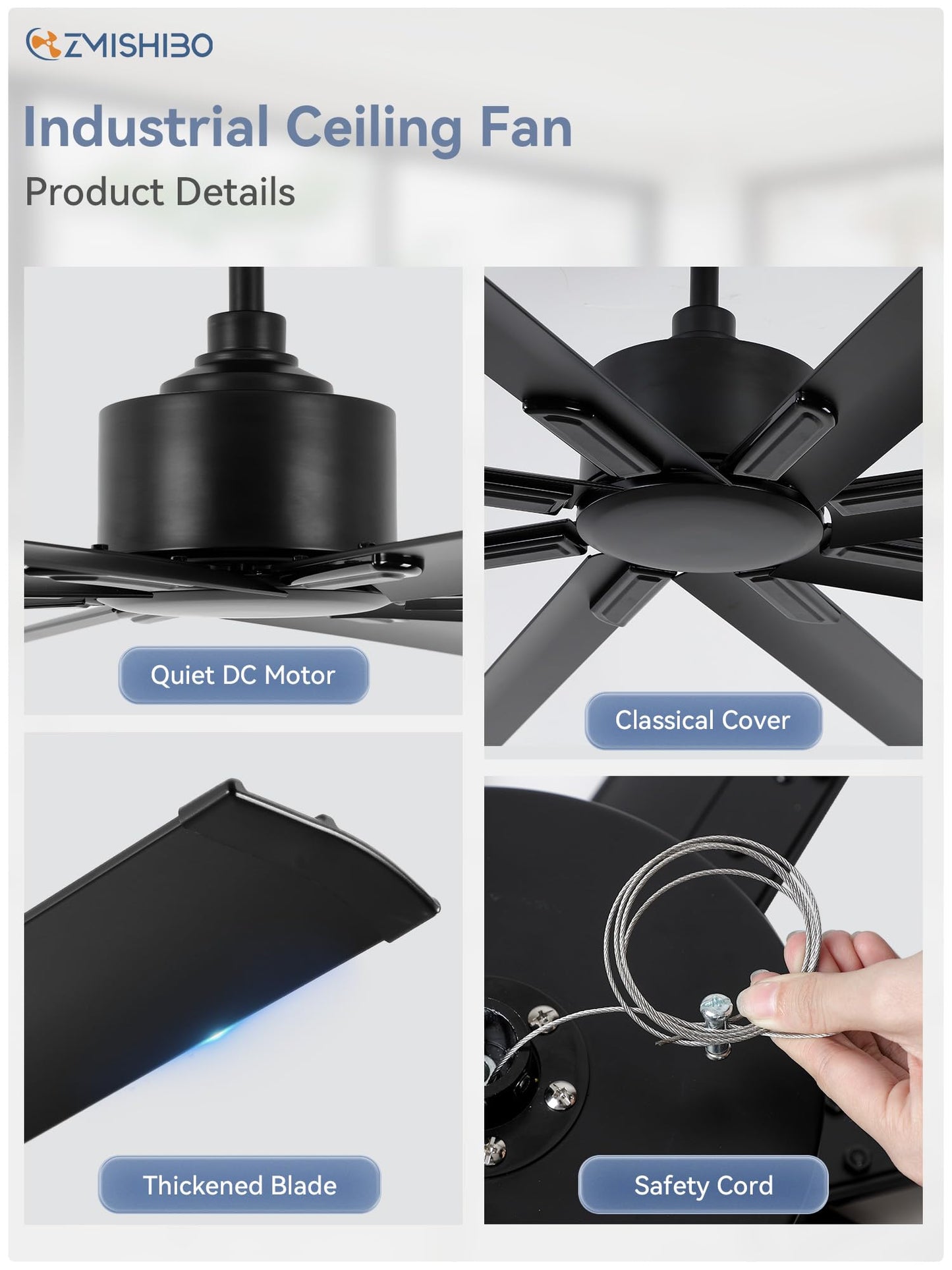 ZMISHIBO 96 Inch Ceiling Fans No Light, Large Industrial Ceiling Fan with 8 Aluminium Blades, Quiet DC Motor, 6 Speeds, Modern Ceiling Fan without Light for Garage/shop/living room,Black