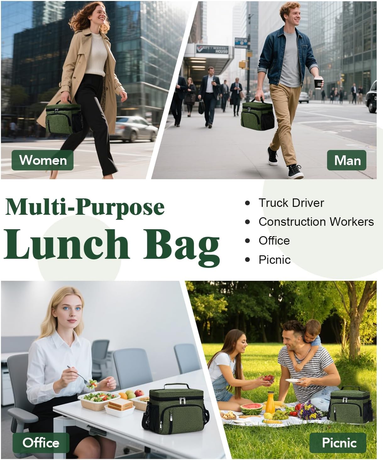 Skiennix Insulated Lunch Bag - 9L Leakproof Soft Cooler Tote with 5 Pockets | Adjustable Strap - Green