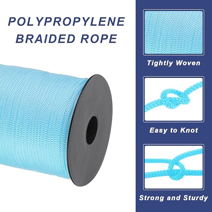 MECCANIXITY 1/8 Inch Polypropylene Rope Braided Ropes, 328ft Nylon Rope Hollow Utility Cord for Clothesline, Camping, Hiking, Outdoor, Sky Blue