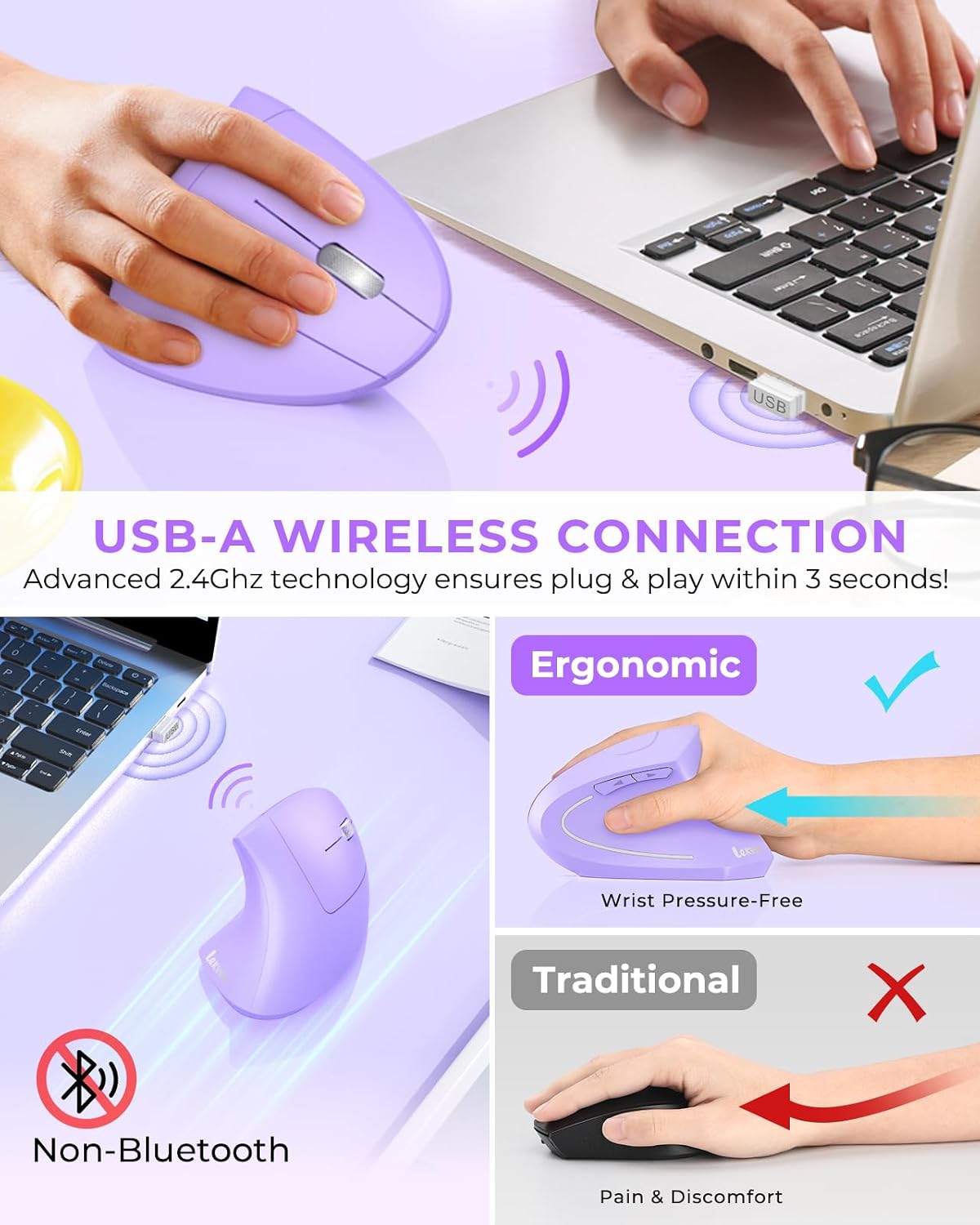 Lekvey 2.4G 1000/1200 1600 6 Ergonomic Mouse, Vertical Wireless Mouse, Rechargeable Optical Carpal Tunnel Mice with USB