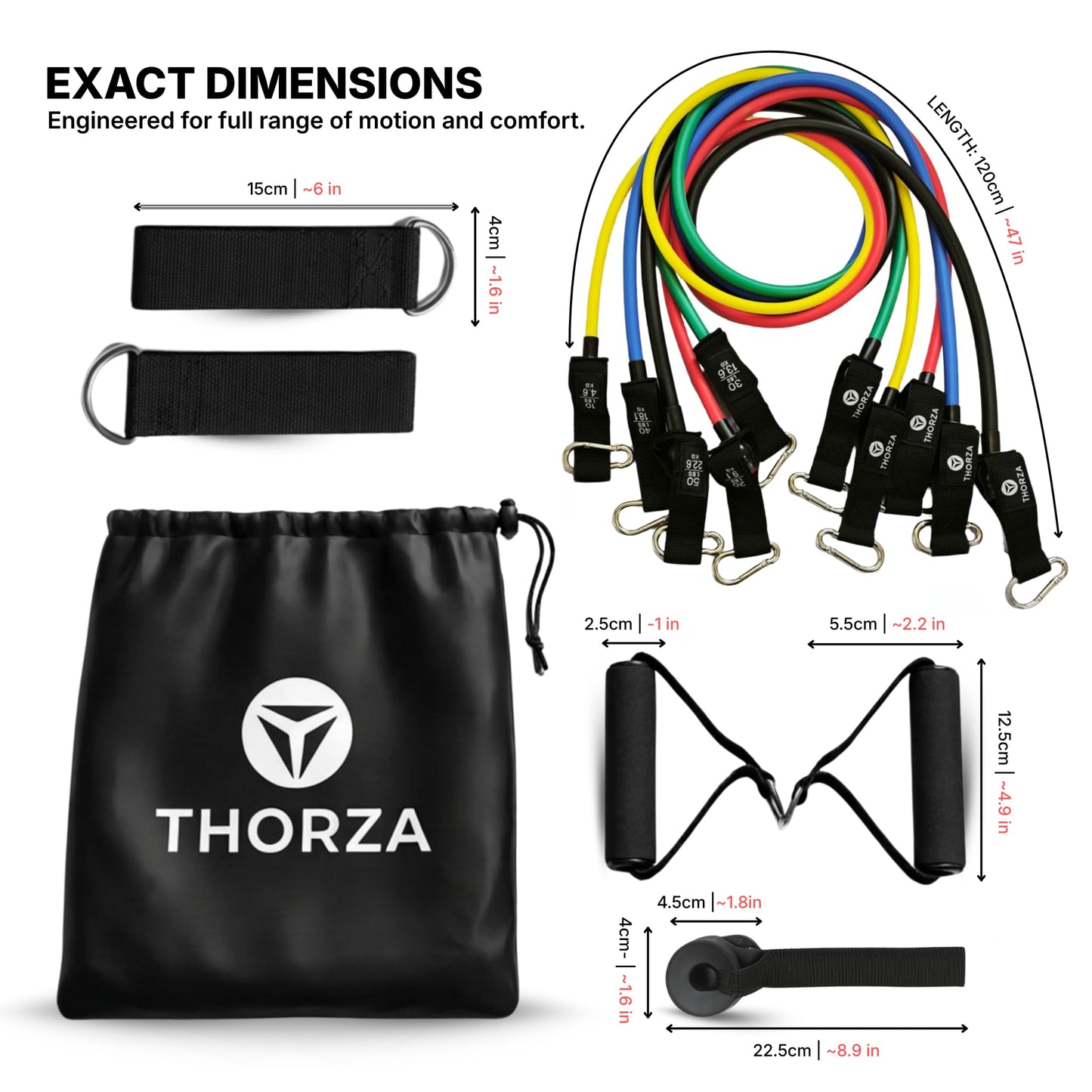 THORZA 11-Piece Full Body Strength Training with Resistance Bands Set - 5 Levels Tube Exercise Bands, Without Latex TPE Resistance Band - Door Anchor, Handles, Ankle Straps & 1 Bag