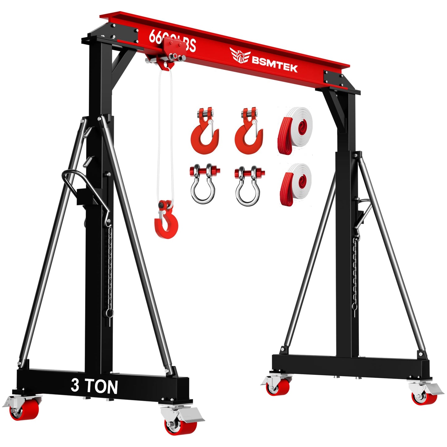 BSMTEK 3 Ton Gantry Crane MAX6600lbs, Adjustable Height (8.53-12.47 FT), Width (9.06 FT, Available 8.53FT), Steel I-Beam Construction, Portable Shop Hoist for Factories, Warehouses