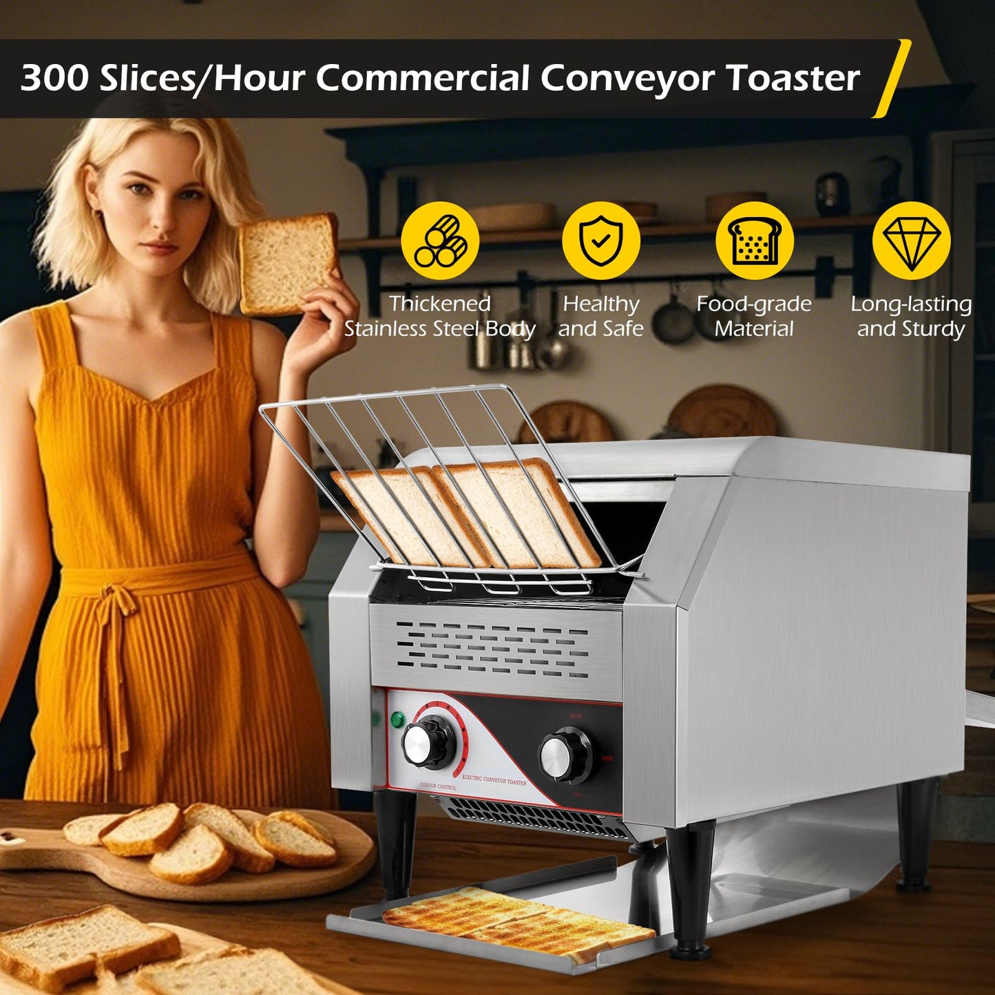 Dyna-Living Commercial Toaster 300 Slices/Hour Conveyor Toaster Commercial 1900W Heavy-duty Stainless Steel Rotating Toasters Oven for Restaurant, Conveyor Belt Toasters for Bun, Bagel, Bread