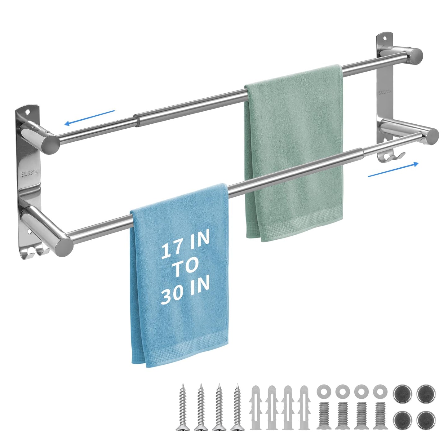 zmnklry Double Towel Bar, Stainless Steel Adjustable 16 to 28In Double Towel Racks for Bathroom, Double Bath Towel Bar,Applicable to Bathrooms and Kitchens