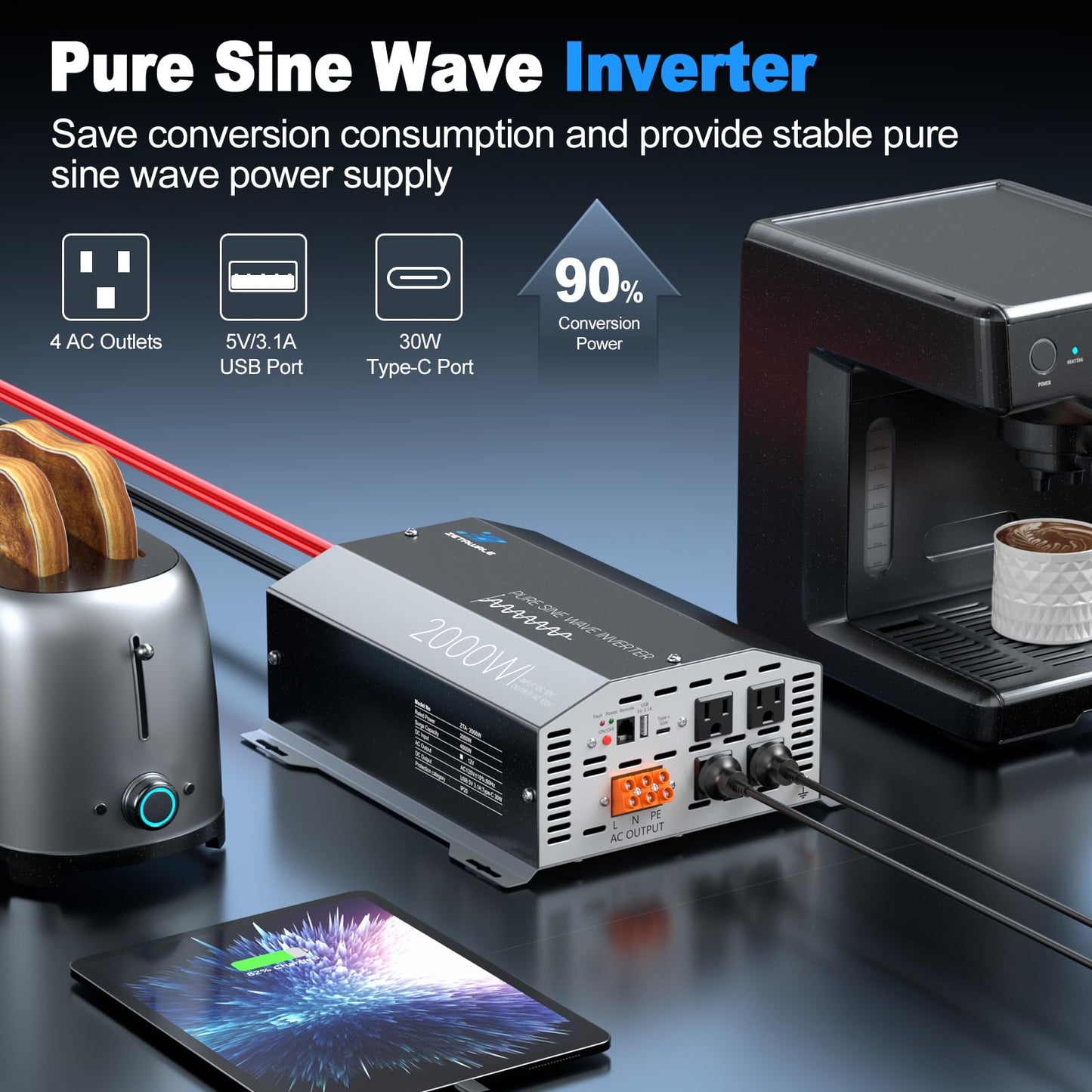 2000 Watts Pure Sine Wave Inverter 12V DC to 110V/120V AC Converter, 4000W Peak, LCD Remote Control, 4 AC Outlets, USB & Type-C – for RV, Truck, Off-Grid Solar, Emergency Power Backup