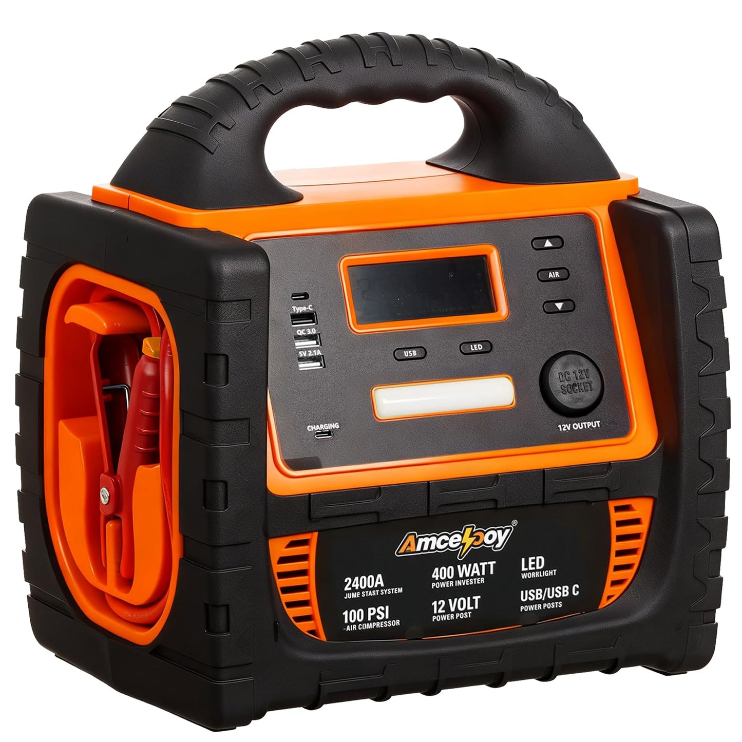 Amcelooy 2400A Car Battery Jump Starter and Portable Power Station – Starts 8.0L Gas & 8.0L Diesel – 6-in-1 Jump Starter with Air Compressor 100 PSI Tire Inflator – 400 Watt Inverter AC/DC/USB Outlets