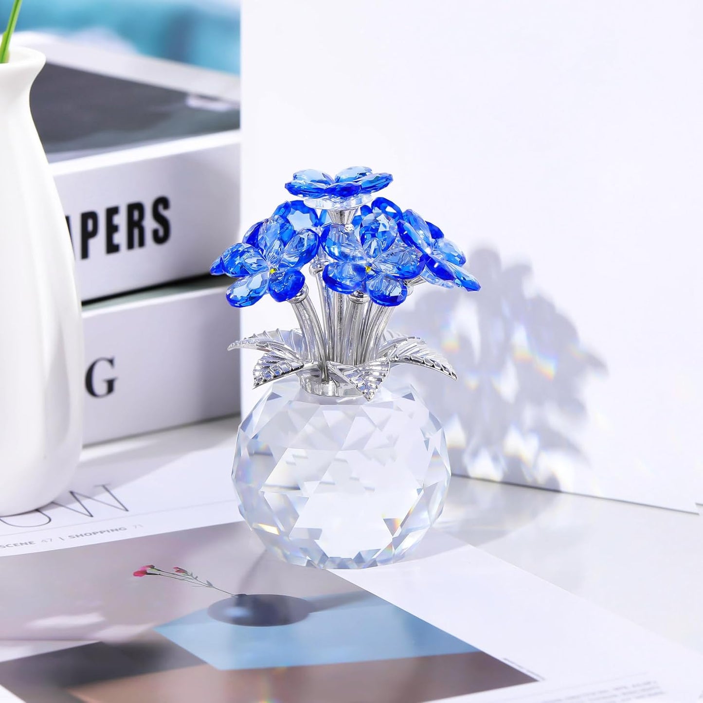 YWHL Blue Crystal Forget-Me-Not Flowers | Handmade Glass Flower Bouquet Figurine for Tabletop Decor