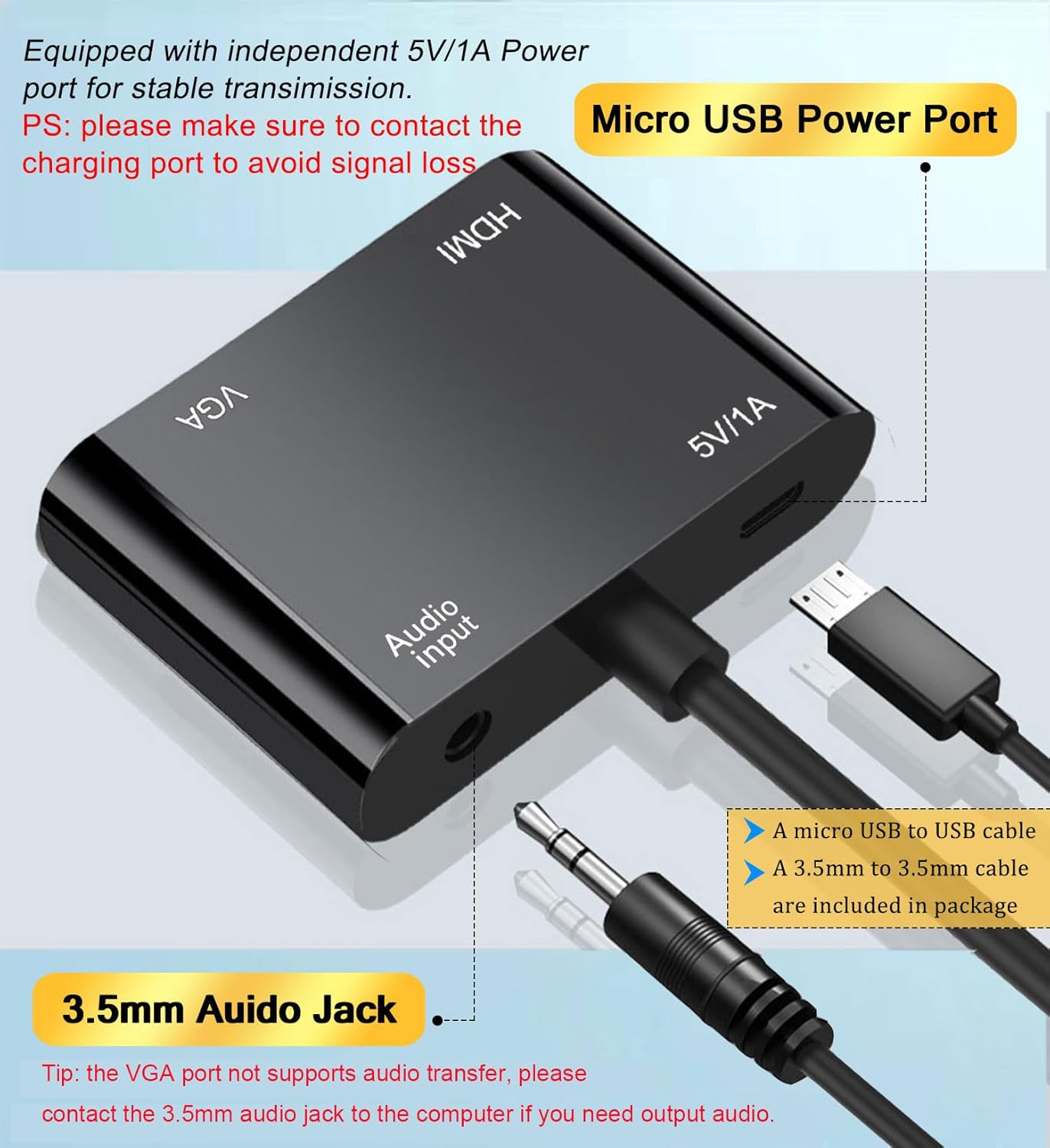 AKWOR 2 1,1080P@60HZ VGA to HDMI+VGA Adapter for Dual Monitors, VGA to HDMI Adapter Splitter in Full HD Display Video