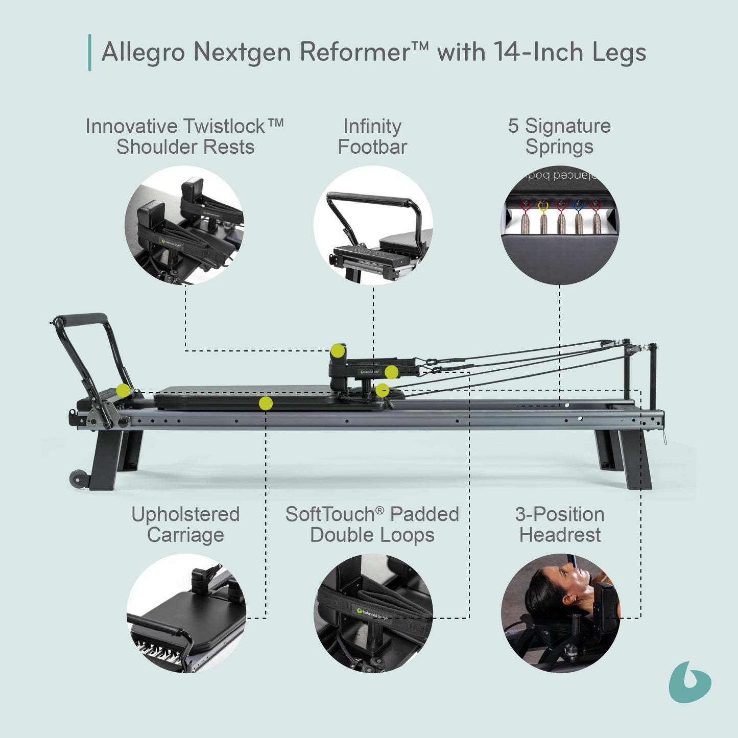 Balanced Body Allegro Nextgen Reformer with 14-Inch Legs, Pilates Equipment for Home and Studio Workouts