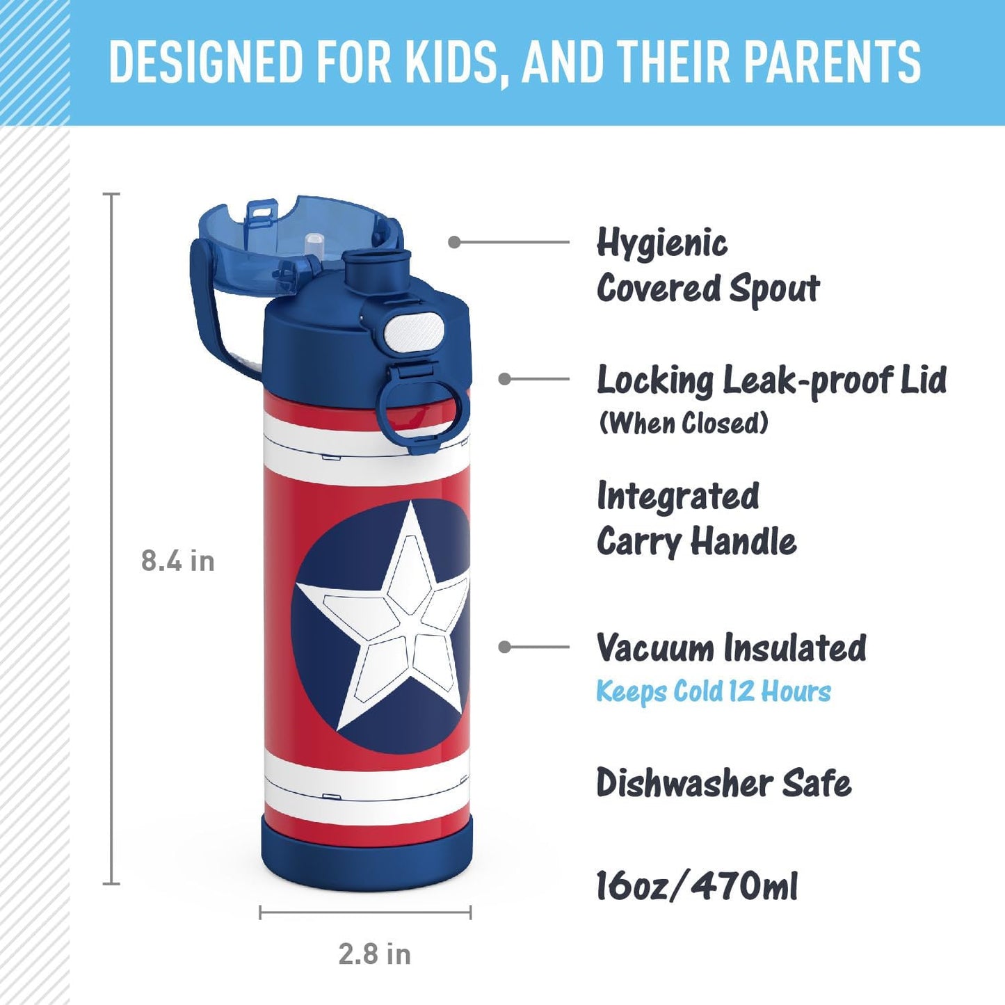 THERMOS FUNTAINER 16 Ounce Stainless Steel Vacuum Insulated Bottle - Captain America Design