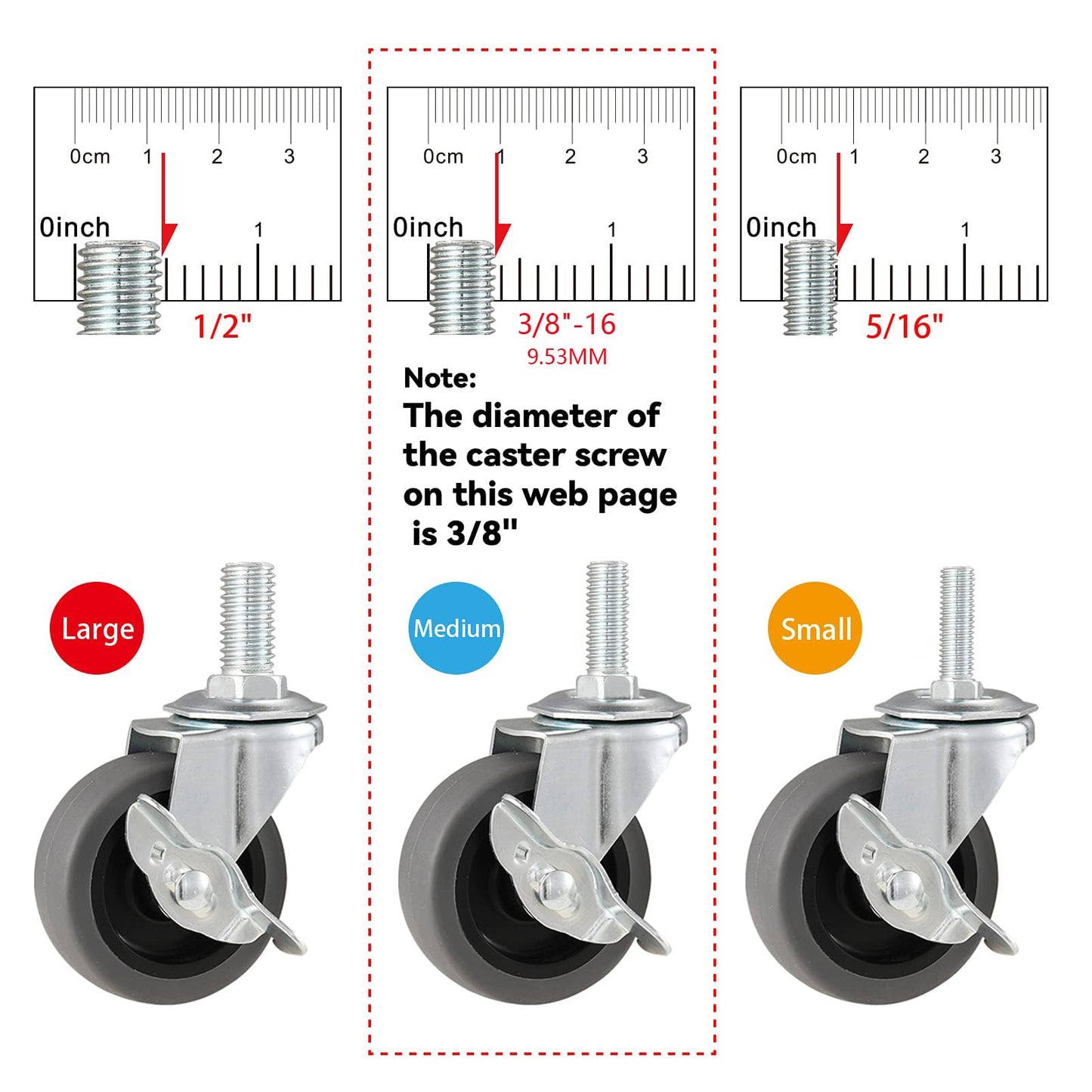 WHARSTM Caster Wheels, 3" Locking Swivel Stem Casters Set of 4, 3/8"-16 x 1 (Screw Diameter 3/8", Length 1") Rubber Casters with 360 Degree No Noise Wheels for Furniture