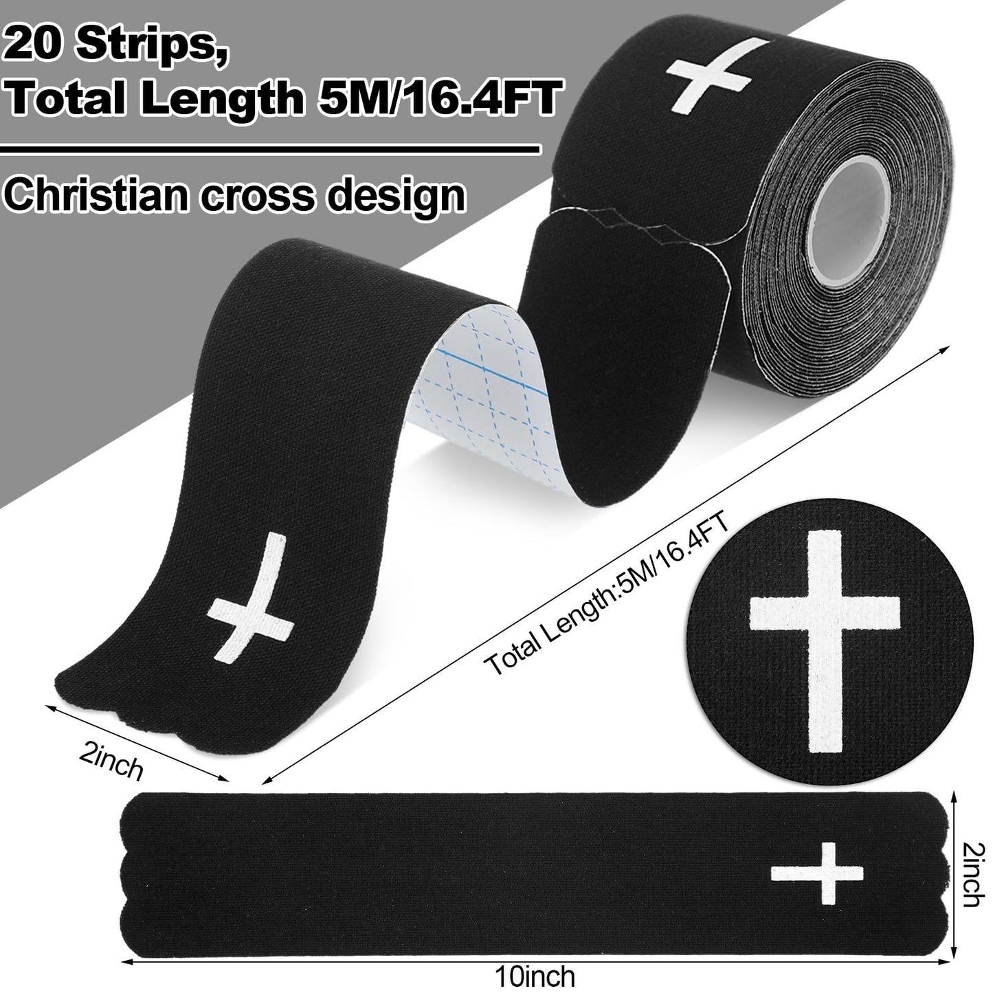 Geiserailie 1 Roll Christian Cross Kinesiology Tape 20 Precut 10" Strips Each, Waterproof Religious Athletic Sports Tape Cotton Elastic Wraps for Fitness Running Tennis Swimming Football