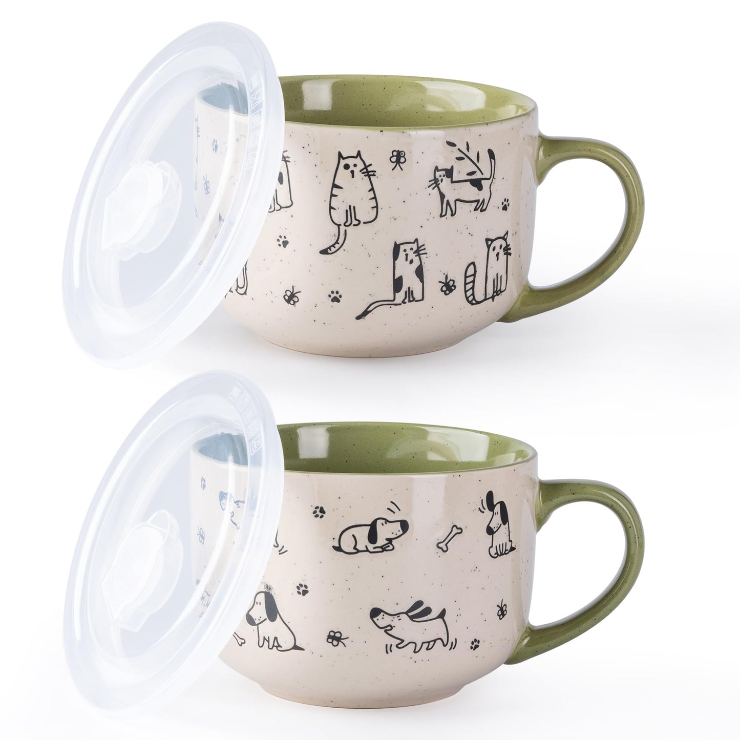 AmorArc 32 Ounces Ceramic Soup Mugs with Lids and Handle, Stoneware Bowls Cup Set of 2 for Soup, Stew, Noodle, Beautiful Mug Bowls With Lovely Dog,Cat Patterns, Microwave&Dishwasher Safe, Olive