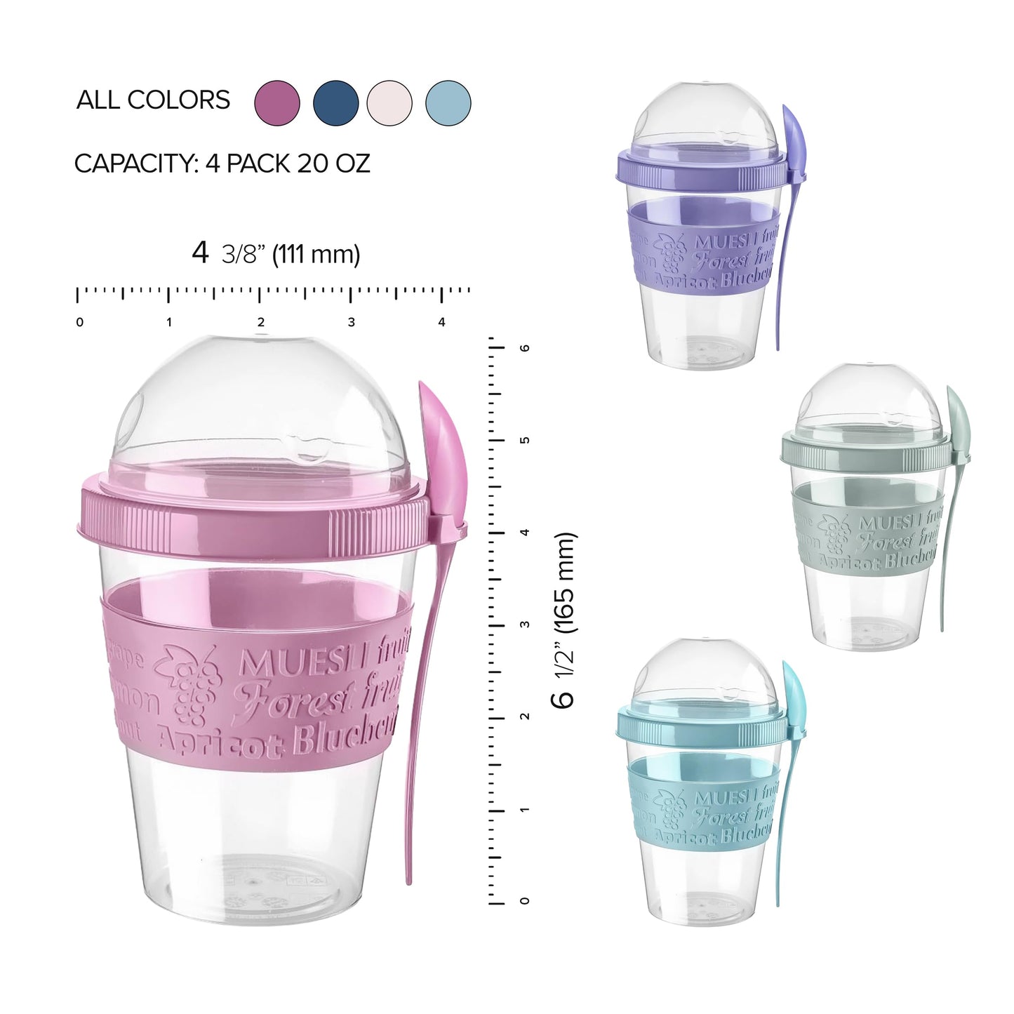 SECEL 4 Pcs Yogurt Parfait Cups Breakfast On The Go Reusable Plastic Containers With Lids And Spoons Take And Go Yogurt Cup With Topping Cereal Or Oatmeal Leak-proof Colorful Bowls