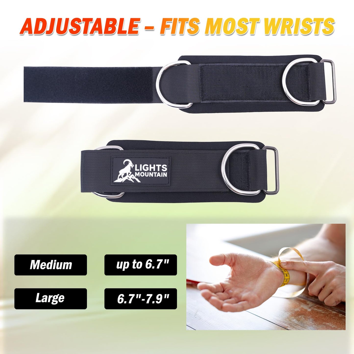 Lights Mountain Wrist Cuffs for Cable Machine Attachments – Adjustable Padded Straps with Dual D-Rings for Forearm, Arm & Rehab Training