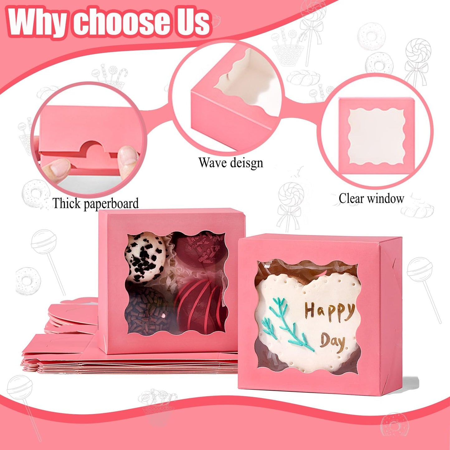 SLShePack 3.2x3.2x1.5 Inches 50PCS Mini Bakery Boxes with Window for Cookies, Soap, Chocolate Truffle, Donut, Macaron(Pink)
