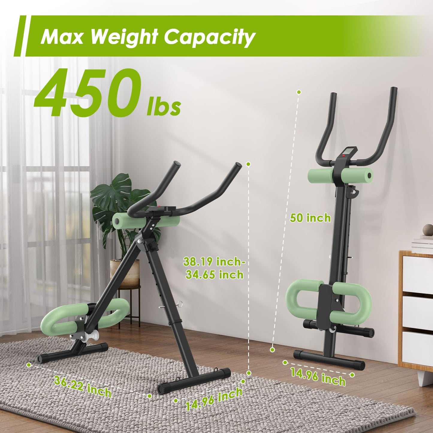 4 in 1 ab machine for stomach workout, adjustable ab trainer machine with LCD Monitor, Foldable ab workout machine With Knee and Back Protection, Load Capacity 400 LBS, Unisex, Green