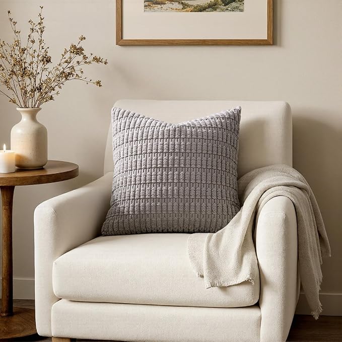 MIULEE Pack of 2 Corduroy Decorative Throw Pillow Covers 12x12 Inch Soft Boho Striped Pillow Covers Modern Farmhouse Home Decor for Sofa Living Room Couch Bed Light Grey