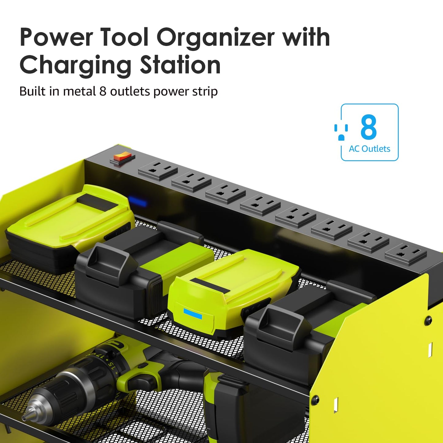 CCCEI Modular Power Tool Organizer Wall Mount Charging Station, Green 6 Drills Holder with 8 Plug Power Strip 10FT, Garage Drill Battery Heavy Duty Metal Shelf, Utility Rack with Hooks, Side Storage.