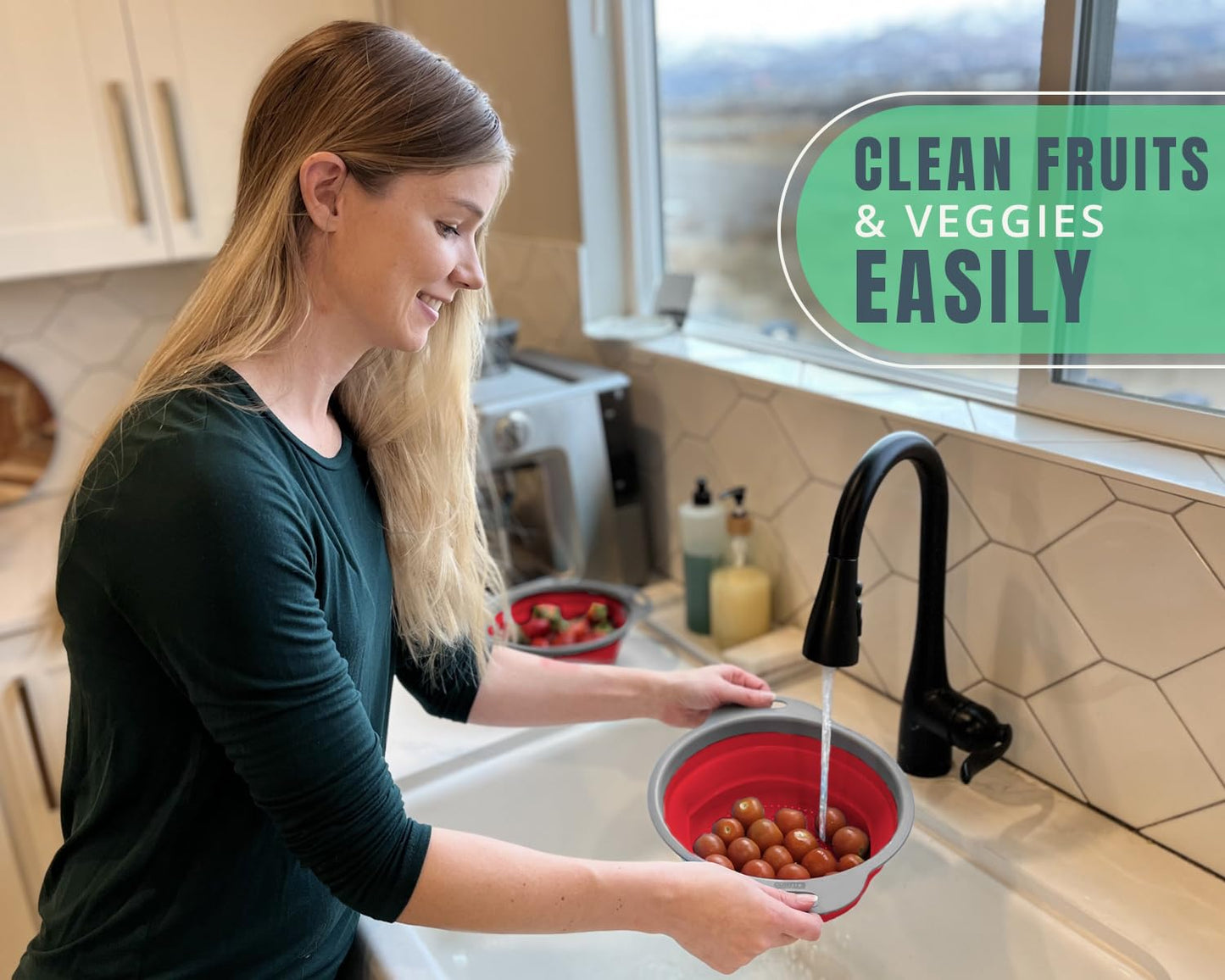 Comfify Ultimate Kitchen Strainers Set of 2 - Collapsible Silicone Colanders For Easy Storage - Use with Pasta & Veggies or as a Fruit or Berry Bowl with Strainer - Irreplaceable for Campers - Red