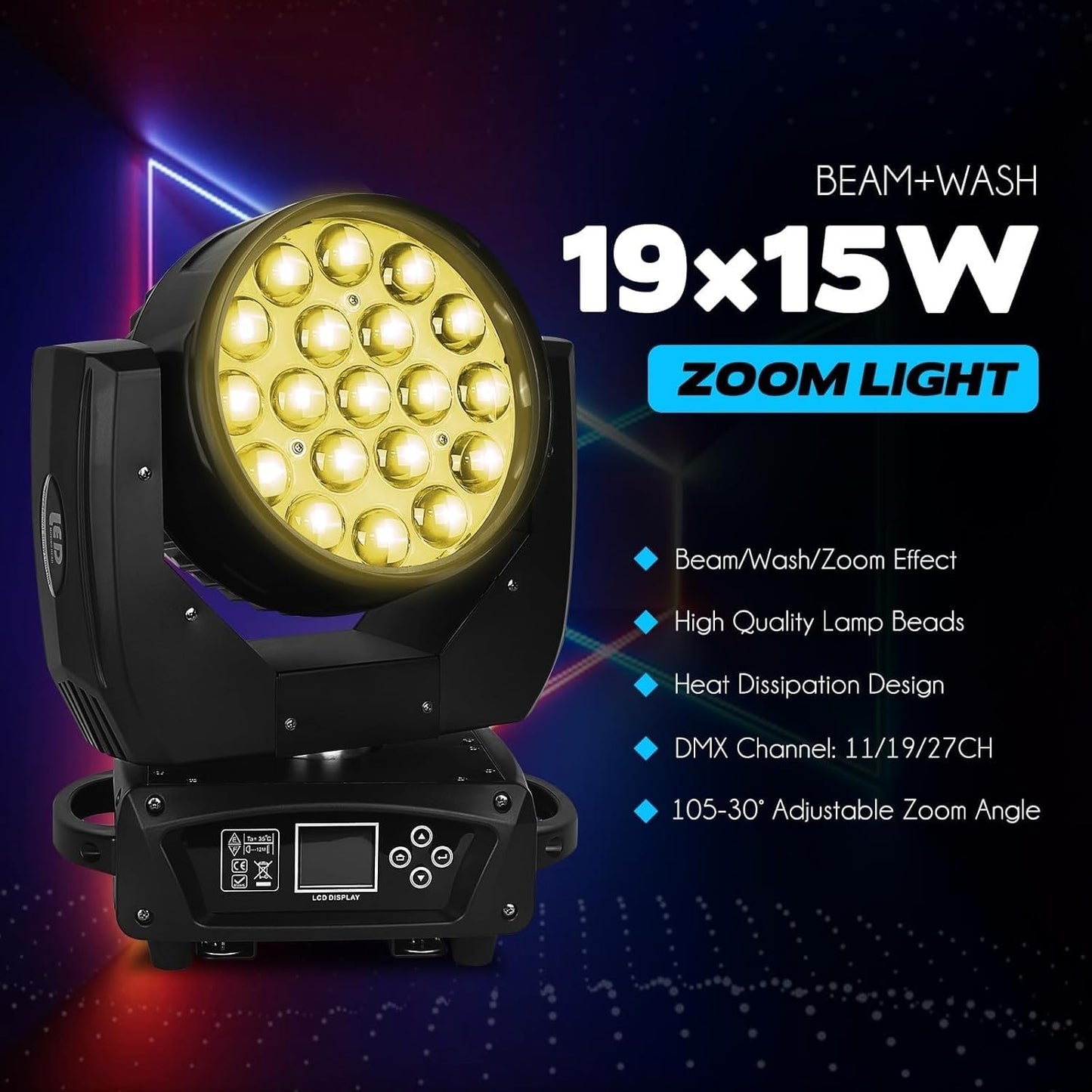 JCYWFLODY 19x15W Moving Head Light for Stage Lighting Effect, RGBW 4-in-1 LED Stage Light with Zoom Beam Wash, Auto DMX Control DJ Lights for Parties Wedding Disco Music Nightclub Show Bar, 1 Pack