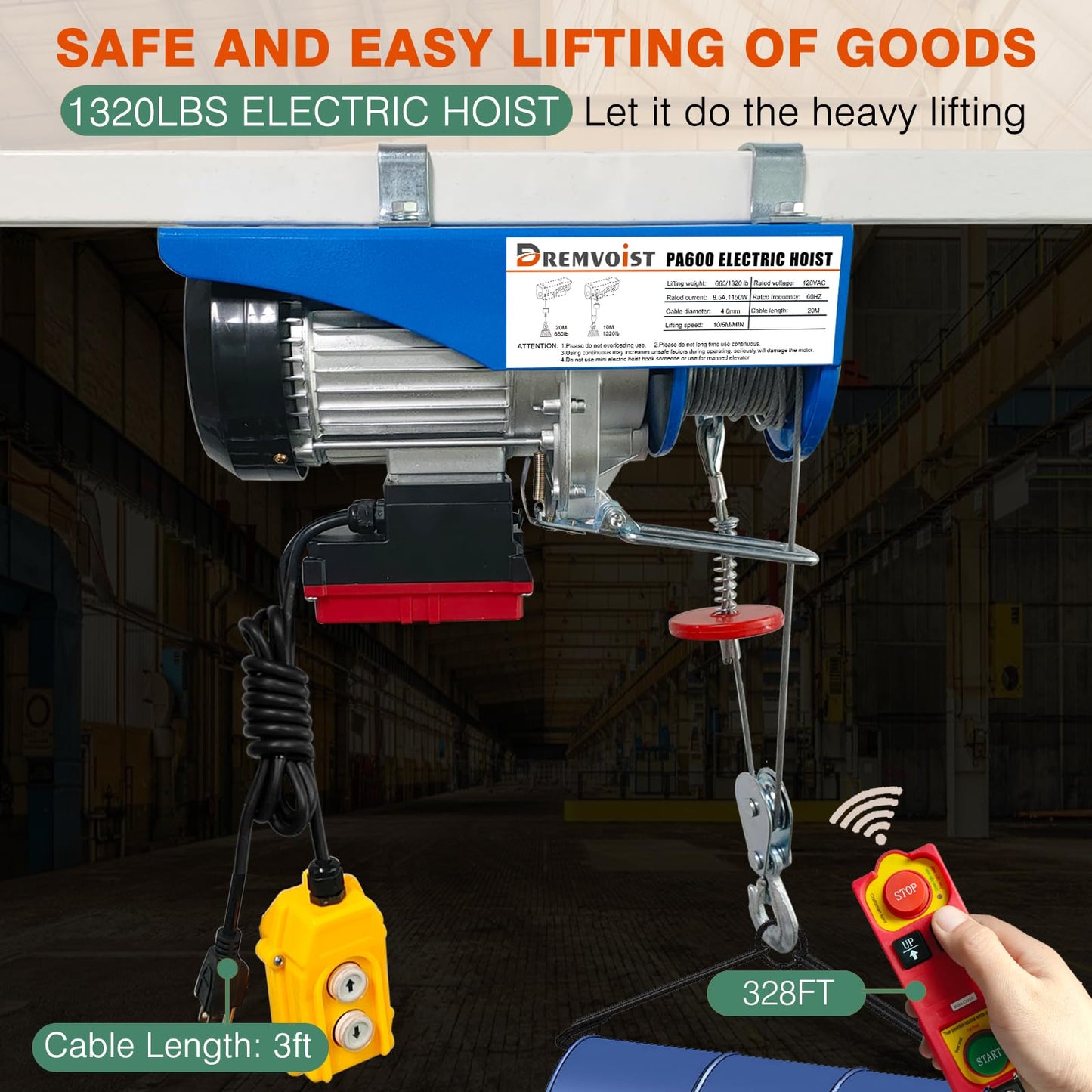 Dremvoist Electric Hoist,1320lbs Electric Hoist with Remote Control,110v Electric Hoist Winch Wireless/Wired 2 in 1,33/66FT Lifting Height,for Construction Site,Factories,Garage,Warehouses, Attic