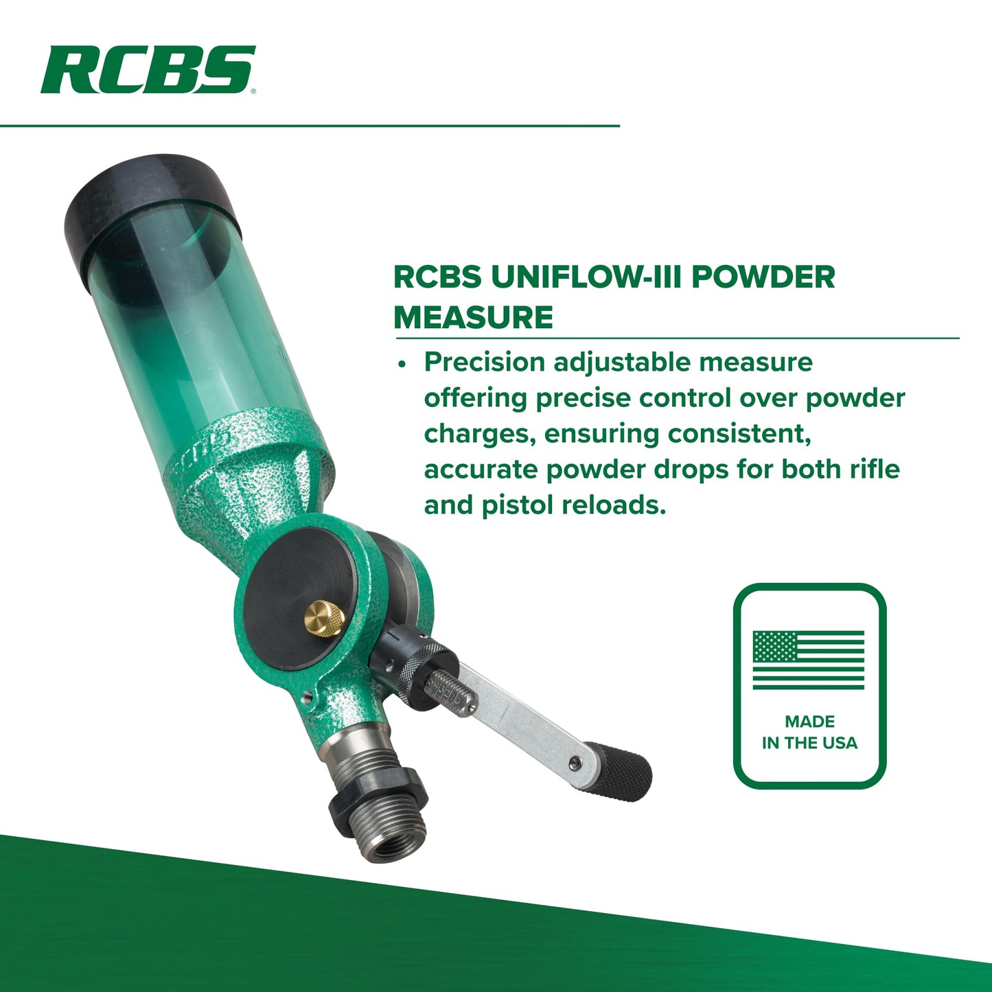 RCBS Uniflow III Powder Measure - 0.5–95 Grain Range - Precision Reloading Powder Dispenser with Anti-Static Hopper - Rifle and Pistol Compatible
