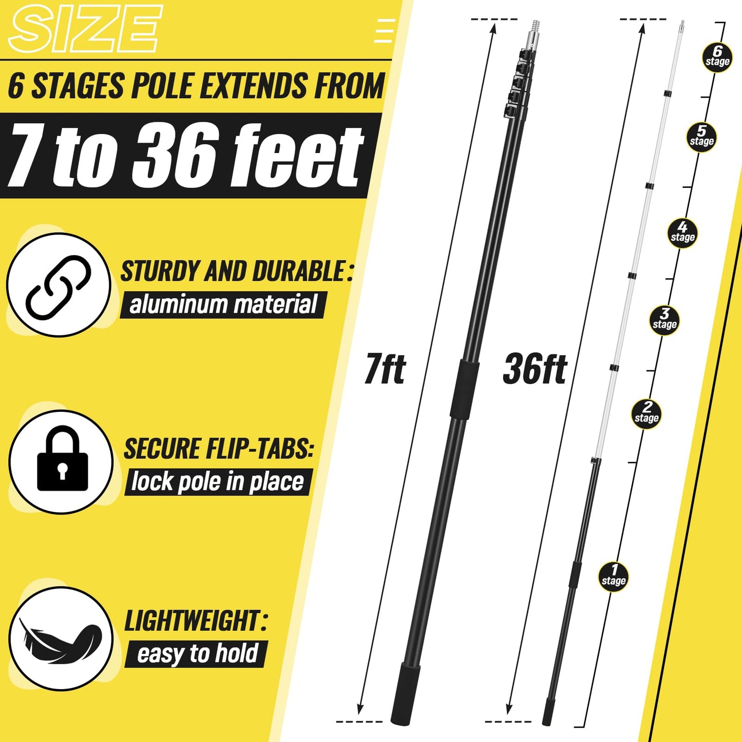 Leriton 7-36 ft Telescopic Extension Pole with Utility Hook, Multi-Purpose Aluminum Pole for Painting, Dusting and New Year Window Cleaning Christmas Lights Installation Without a Ladder (Black)