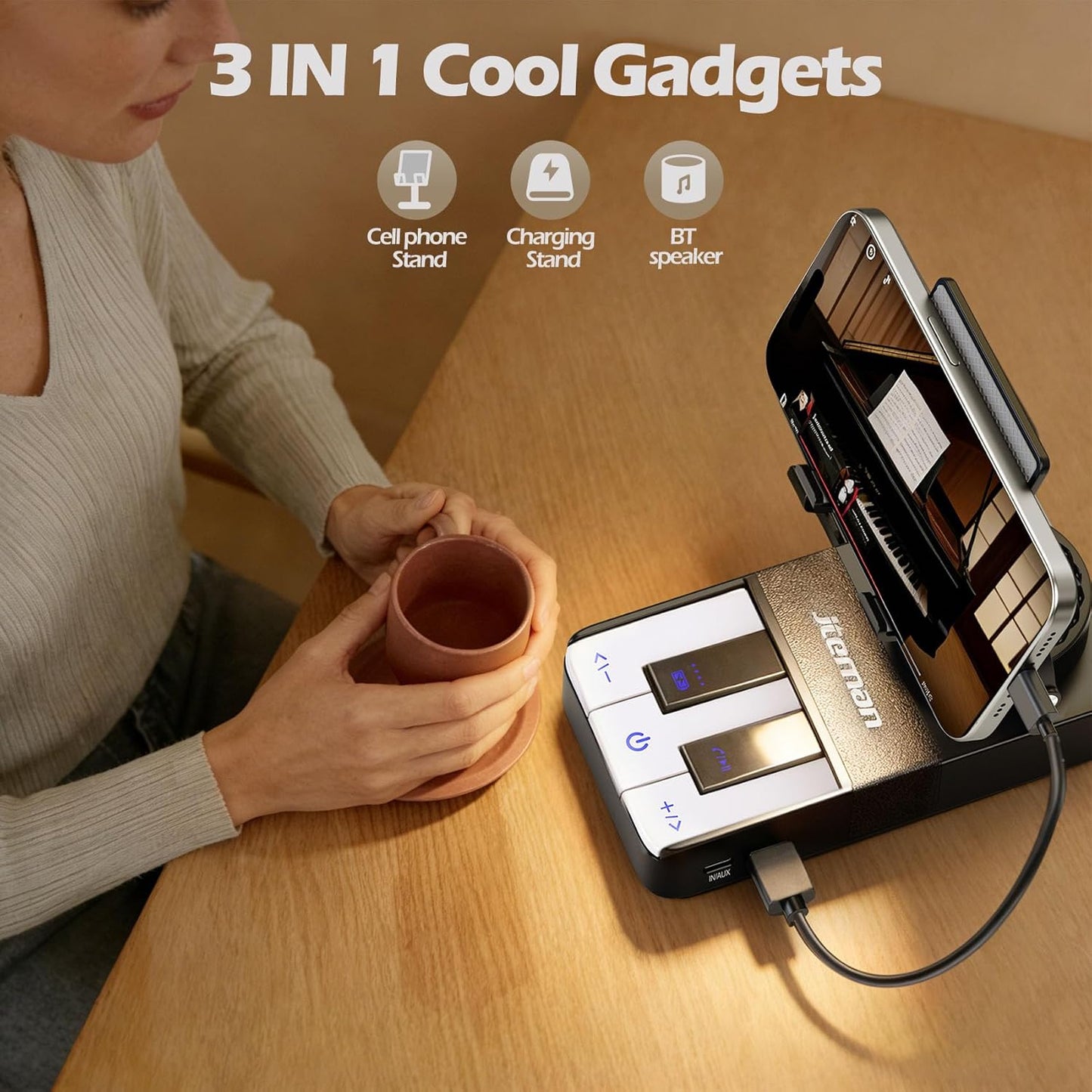 JTEMAN Cell Phone Stand with Bluetooth Speaker and Charging Stand,Piano Keys Design,Music Lovers & Teacher