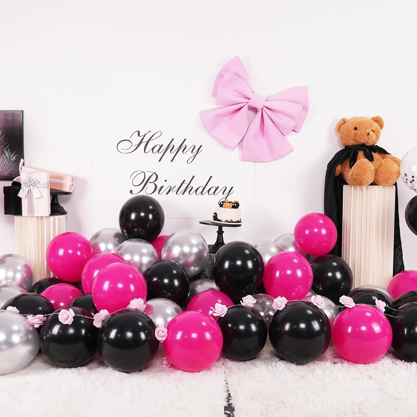 Skiennix 12-Inch Black & Hot Pink Balloons - 60 Pack for Birthday Parties & Celebrations | Gender Reveal Decor
