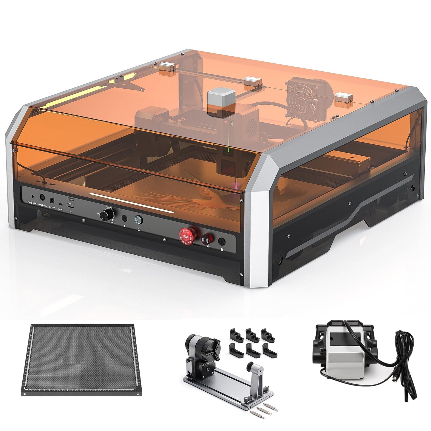 Genmitsu L8 Laser Engrave + MD18 Rotary Roller, 20W Power Output Laser Cutter Built-in Acrylic Enclosure with Vent, Air Assist Pump, Honeycomb, Camera, Laser Safety Class 1