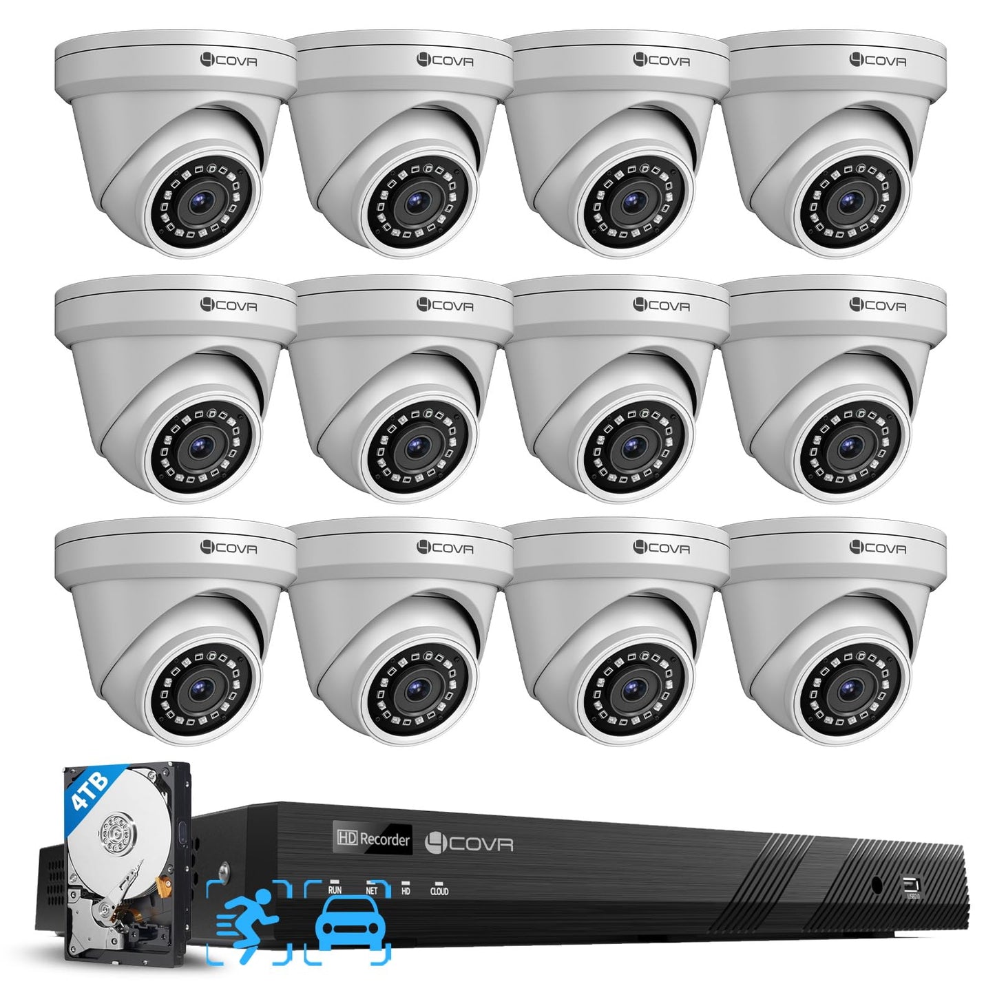 4COVR 16 Channel Security Camera System,AI Human Vehicle Detection, 16CH 8MP NVR 4TB HDD, 12Pcs 5MP Wired Commercial Dome IP PoE Camera IP67 Night Vision, Business Surveillance Outdoor, LY97AX5M1612