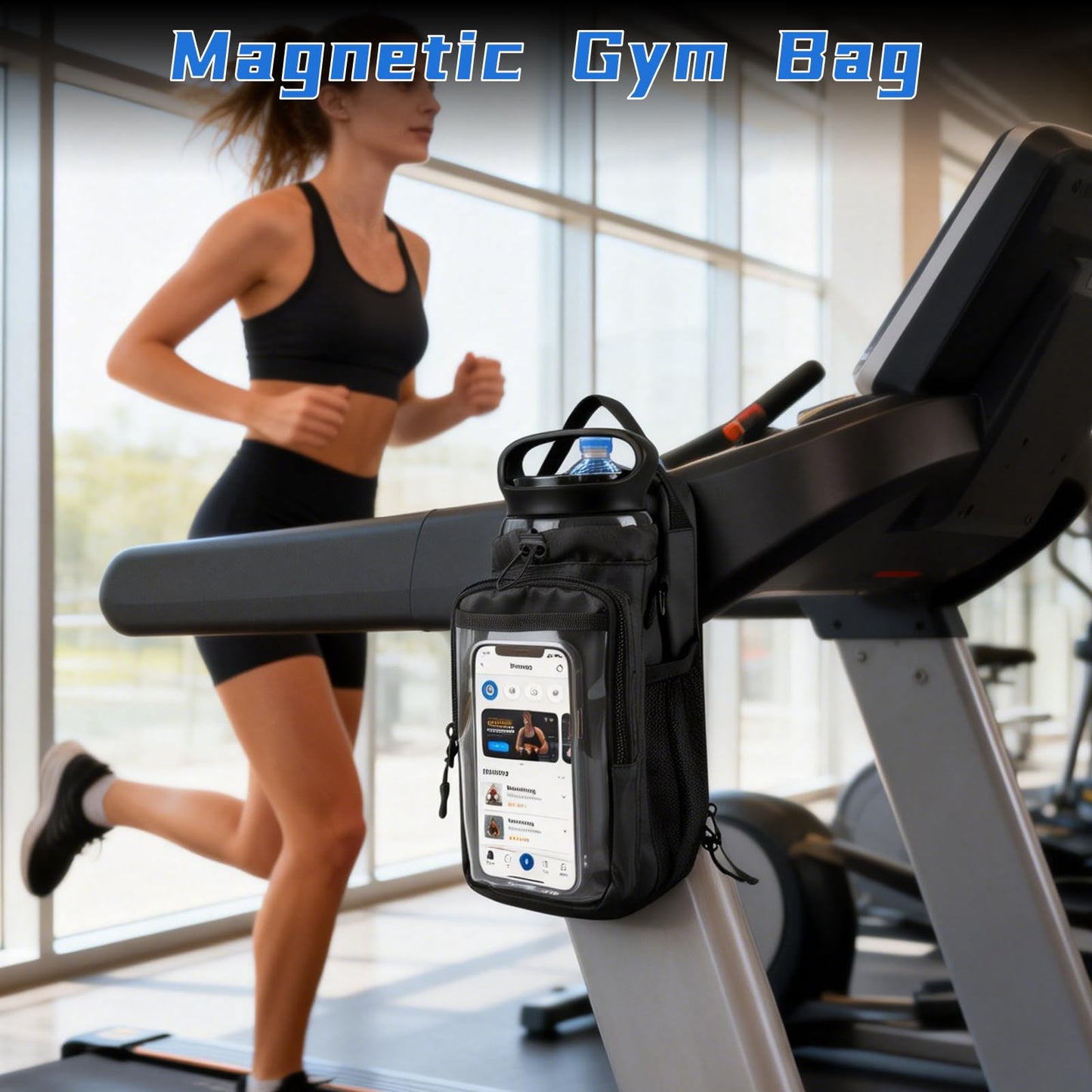 JACZZO Magnetic Gym Bag, Magnetic Gym Water Bottle Bag with Strap 4 Strong Magnets, Upgraded Clear Design Phone Bag, Gym Gifts for Men & Women Gym accessories (Black)